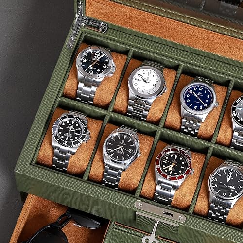 Miniatura 6 de ROTHWELL Caja de reloj de 10 ranuras en cuero con cajón de valet organizador de exhibición de lujo con forro de microgamuza ultrasuave soporte para