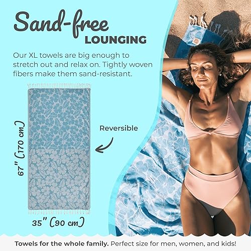 Miniatura 3 de Nova Blue Toalla de playa turca Hibiscus (35 x 67), toalla de playa de gran tamaño a prueba de arena, 100% algodón turco, toalla de playa azul,