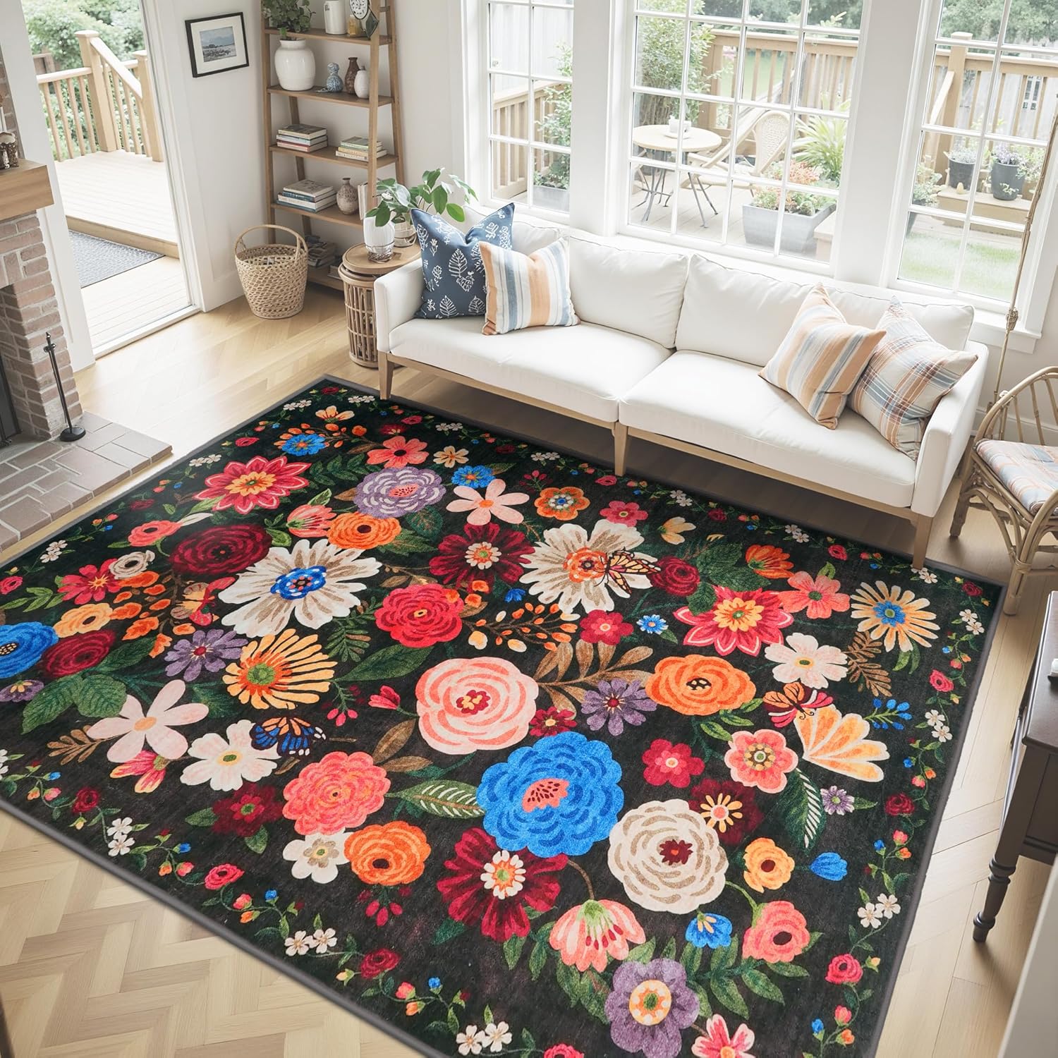 Washable Area Rug 8x10 Black, Large Soft Rugs for Living Room Floral Black Carpet 8x10 Area Rugs for Bedroom Dining Room Non-Slip Stain Resistant Under Table Rug (8 x 10, Black Garden)