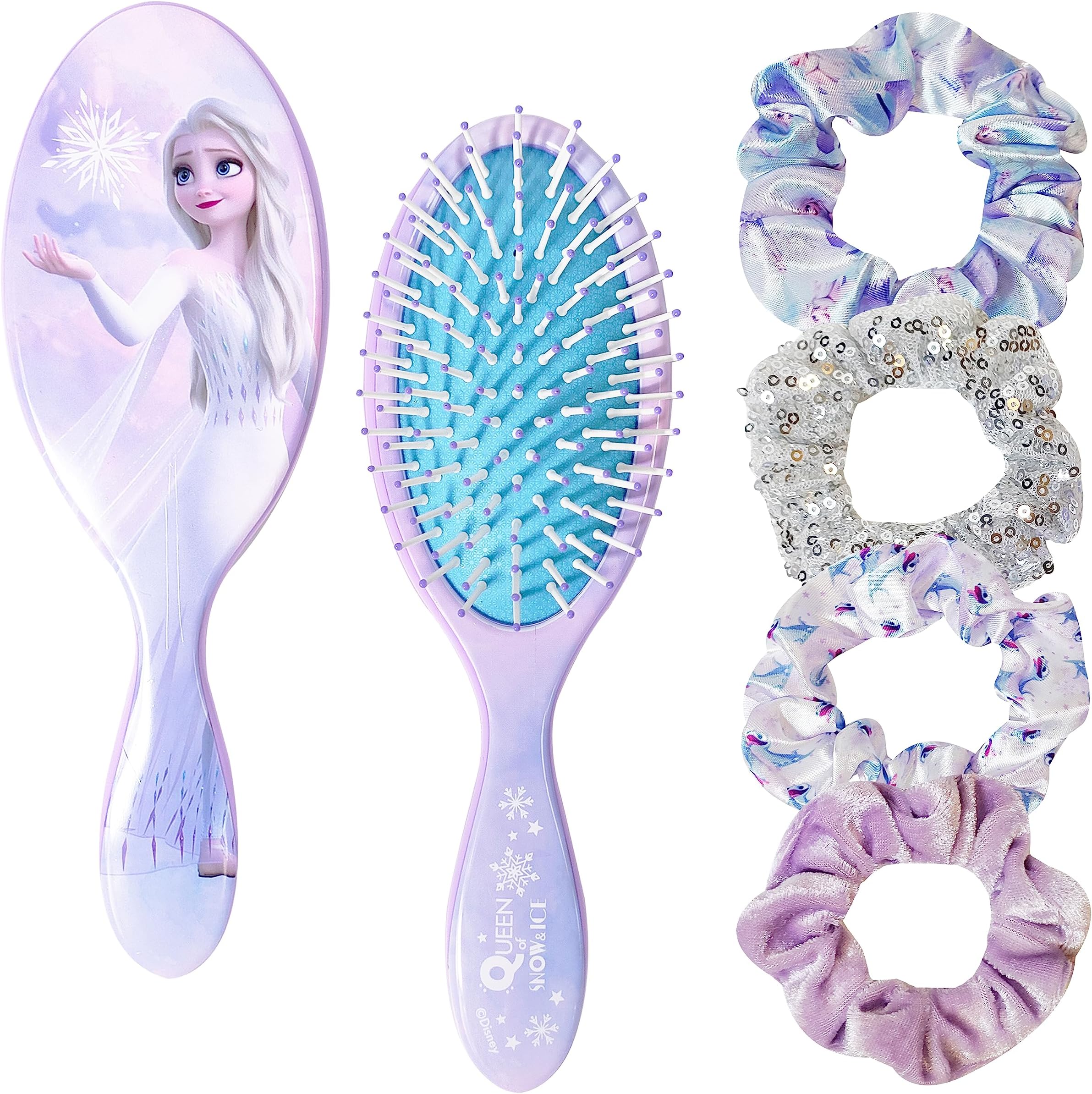 Frozen Princess Elsa Hair Accessory 5 Pcs Set - 1 Regular 9 inch Frozen Hairbrush & 4 Frozen Scrunchies - Detangling Brush & Elastic Hair Ties Ropes for Girls, Ages 3+