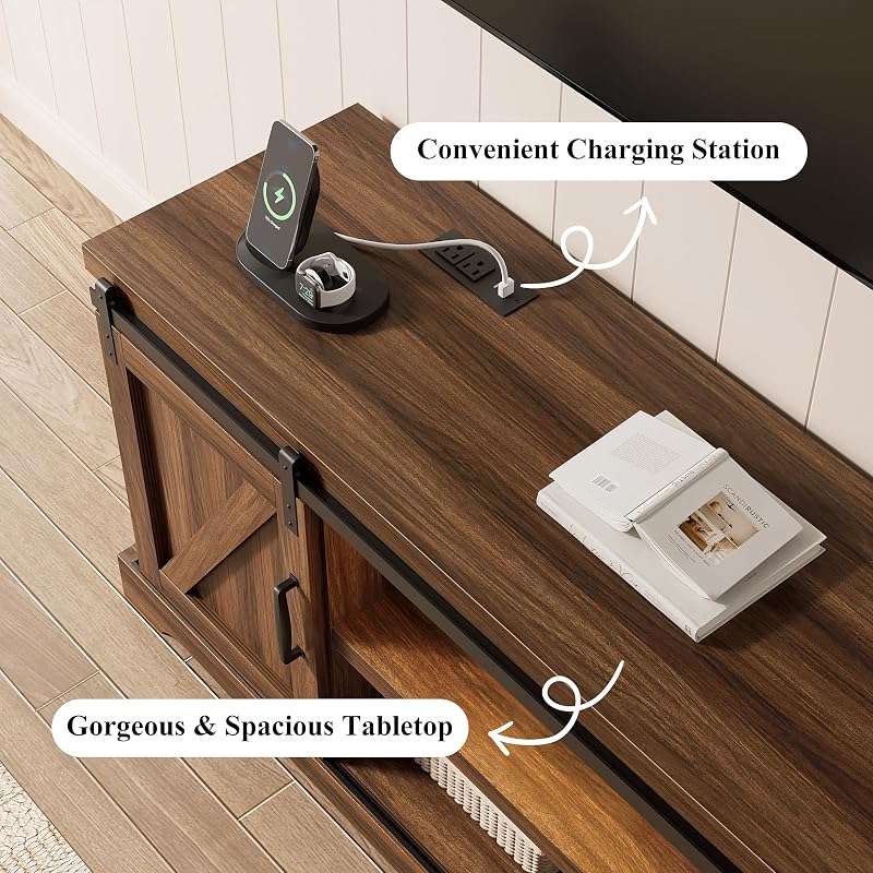 QUW 60" Farmhouse TV Stand for 70" TVs, Modern Entertainment Center, Brown image 5