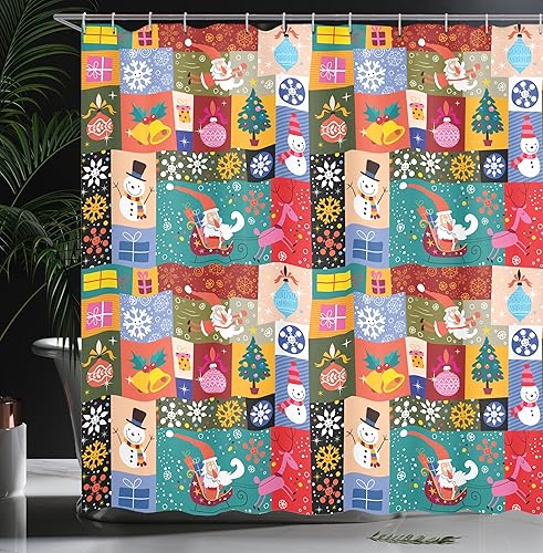Miniatura 51 de Ambesonne Cortina de ducha de Navidad, estilo retro, palabras de deseos de Navidad con forma de árbol con adornos, juego de decoración de baño de