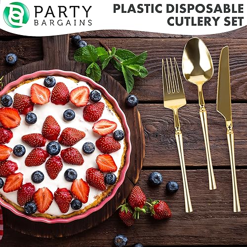 Miniatura 4 de Party Bargains Juego de cubiertos desechables de plástico dorado, utensilios de diseño moderno infinito, paquete de 40 16 tenedores, 8 cuchillos, 16