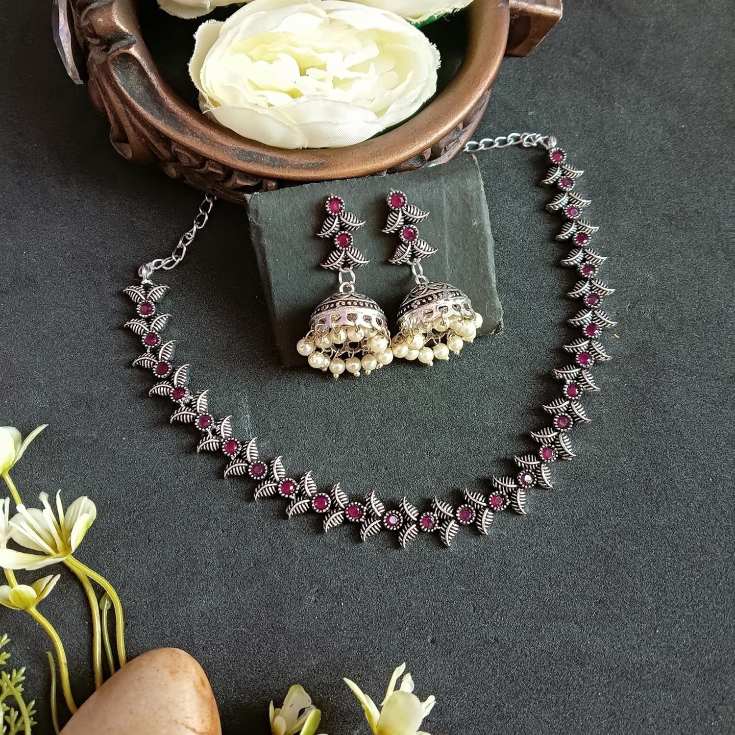 Efulgenz Oxidized Choker Set Indian Jewelry Sets for Women Boho Crystal Stone Oxidized Necklace Jhumka Jhumki Dangle Earrings Oxidized Choker Necklace Earrings Set