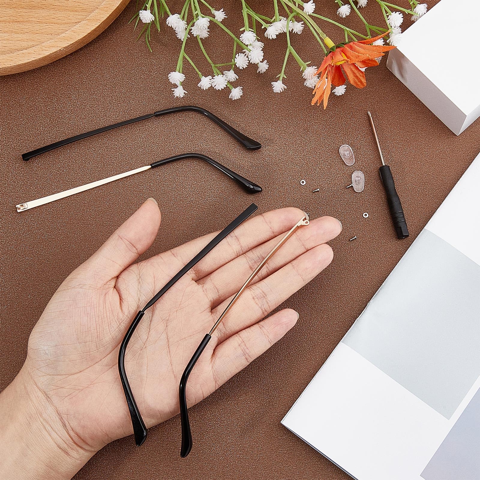 GORGECRAFT 4PCS 2 Colors Eyeglasses Arms Replacement Leg Accessories Eyeglass Temple Arms Universal Eyewear Repair Frame Temple Replacement with Screwdriver Screw Washer for Glasses Sunglasses - Image 3