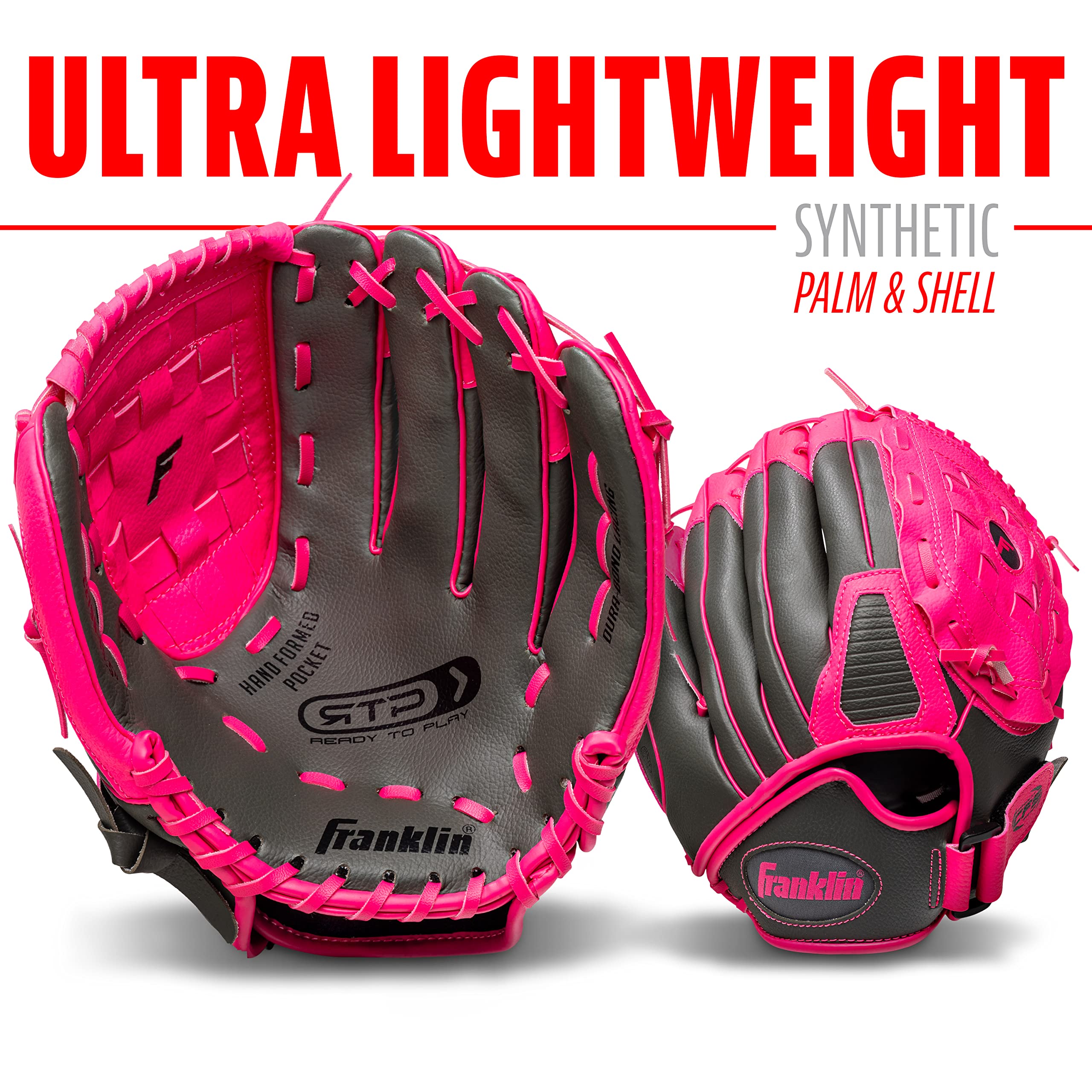 Franklin Sports RTP Teeball - Guantes de Rendimiento, 10.5 Pulgadas, Lanzamiento a la Derecha, Grafito/Rosa