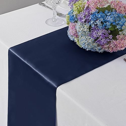 Miniatura 6 de Paquete de 12 caminos de mesa de satén de 12 x 108 pulgadas de largo, color azul marino, camino de mesa de seda satinada para boda, cumpleaños,