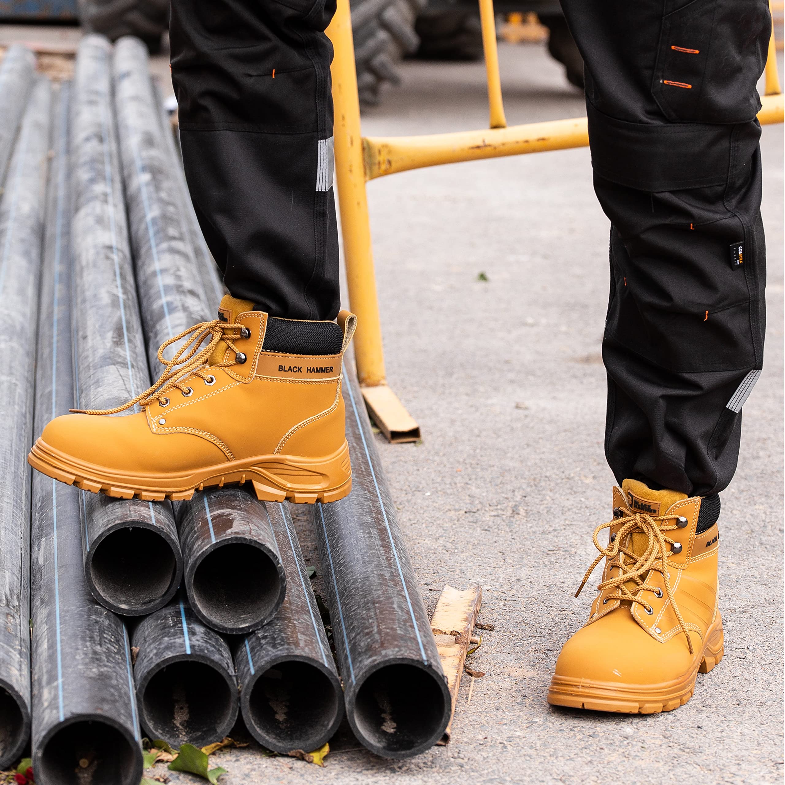 BLACK HAMMER Botas de seguridad para hombre con puntera de acero Zapatos de trabajo S3 SRC tobillo de cuero marrón Tan 5007