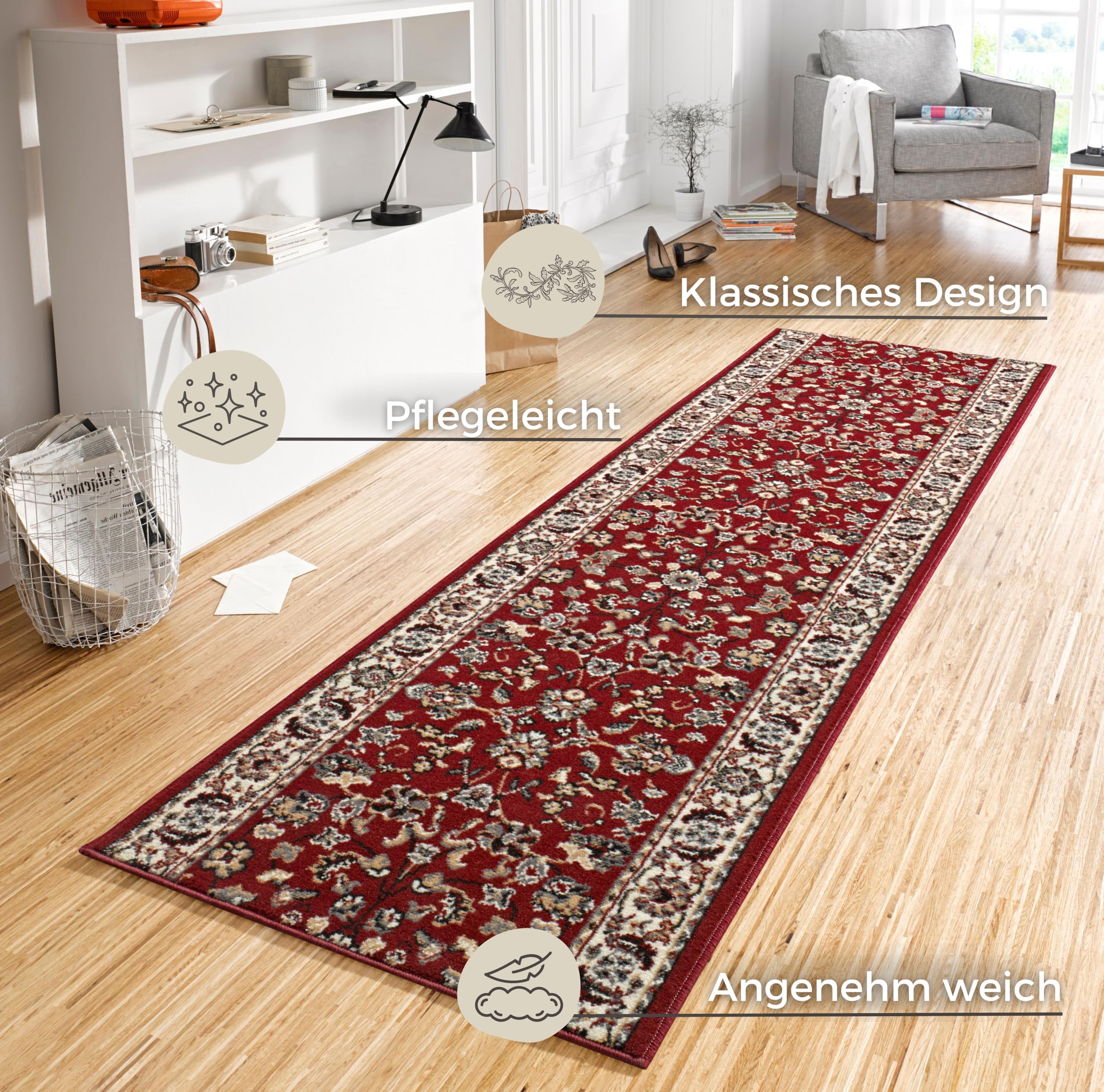Hanse Home Teppich Läufer Vintage 80x400cm – Teppichläufer Weicher Kurzflor Teppich Retro Vintage Design Läufer für Flur, Schlafzimmer, Kinderzimmer, Badezimmer, Wohnzimmer, Küche Dekoläufer – Rot