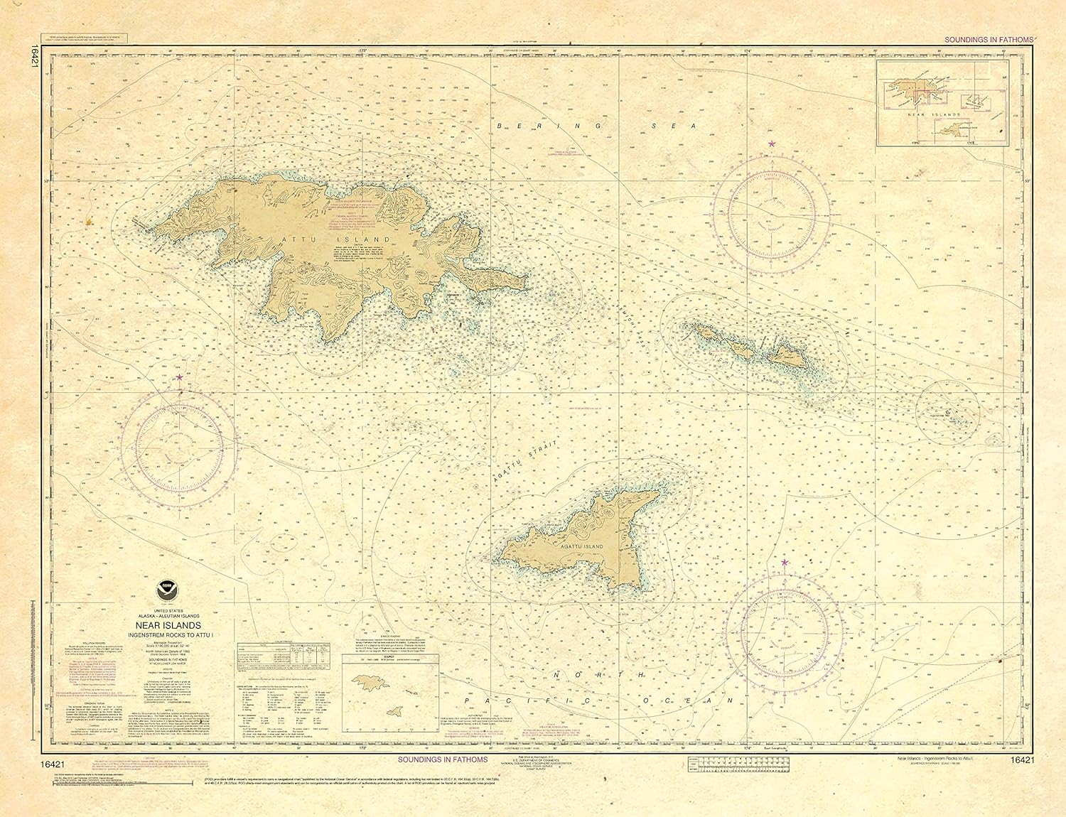 Paradise Cay Publications Antiqued NOAA Chart 16421: Ingenstrem Rocks to Attu Island