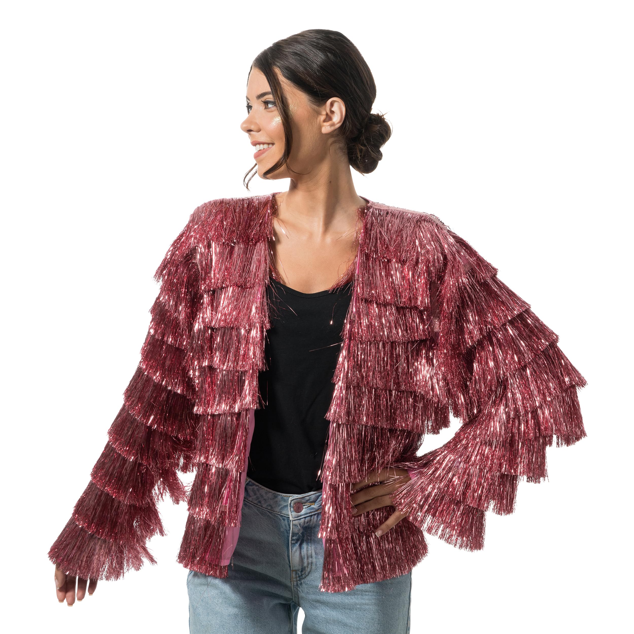 Chaks - Veste pour femme à franges pailletées, veste disco des années 90 | Argent, or ou rose, tenue pour festival, carnaval, soirée et rave, veste à franges pour femme