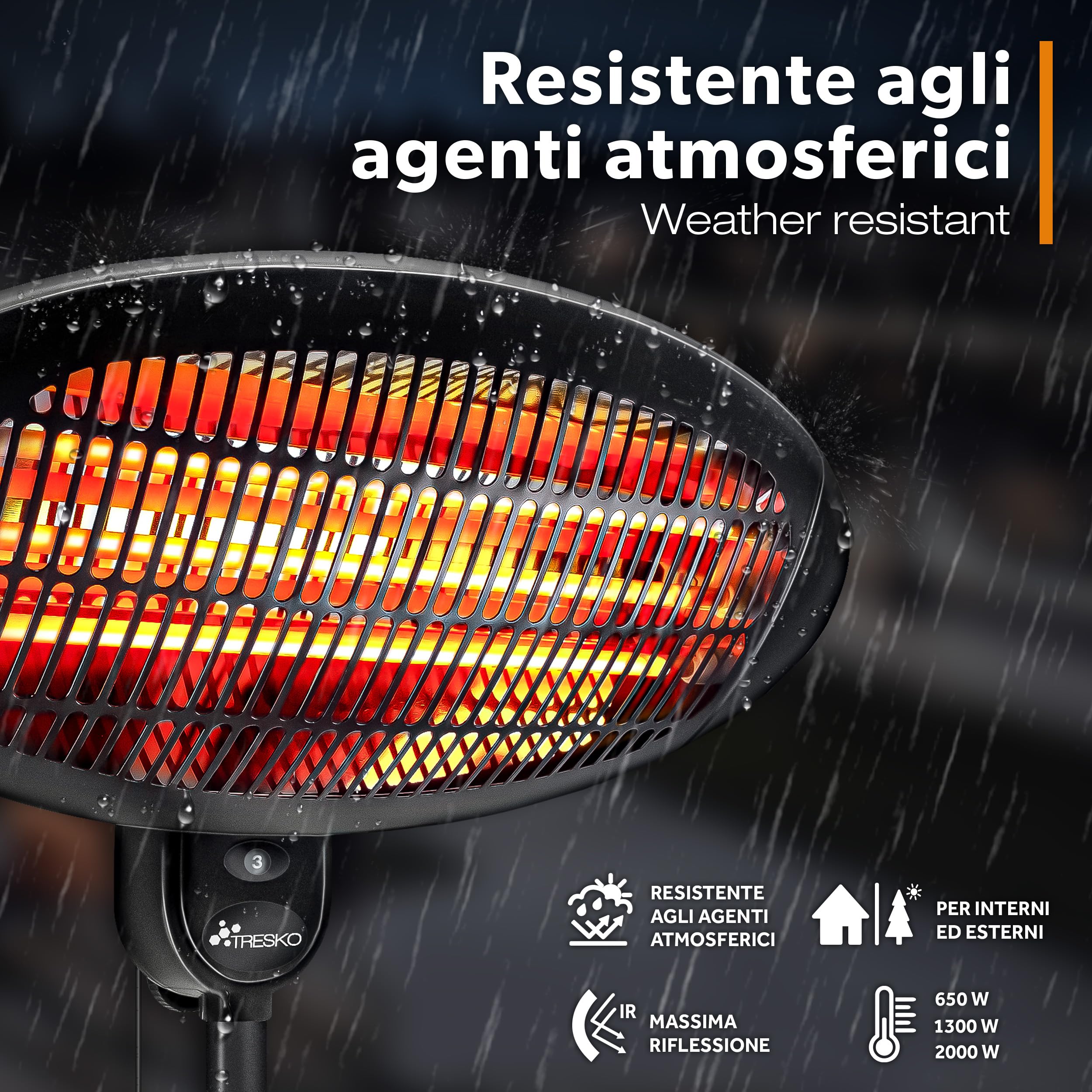 TRESKO Stufa a Infrarossi 2000W Riscaldatore elettrico con 3 Livelli di Calore per Esterno e Interno
