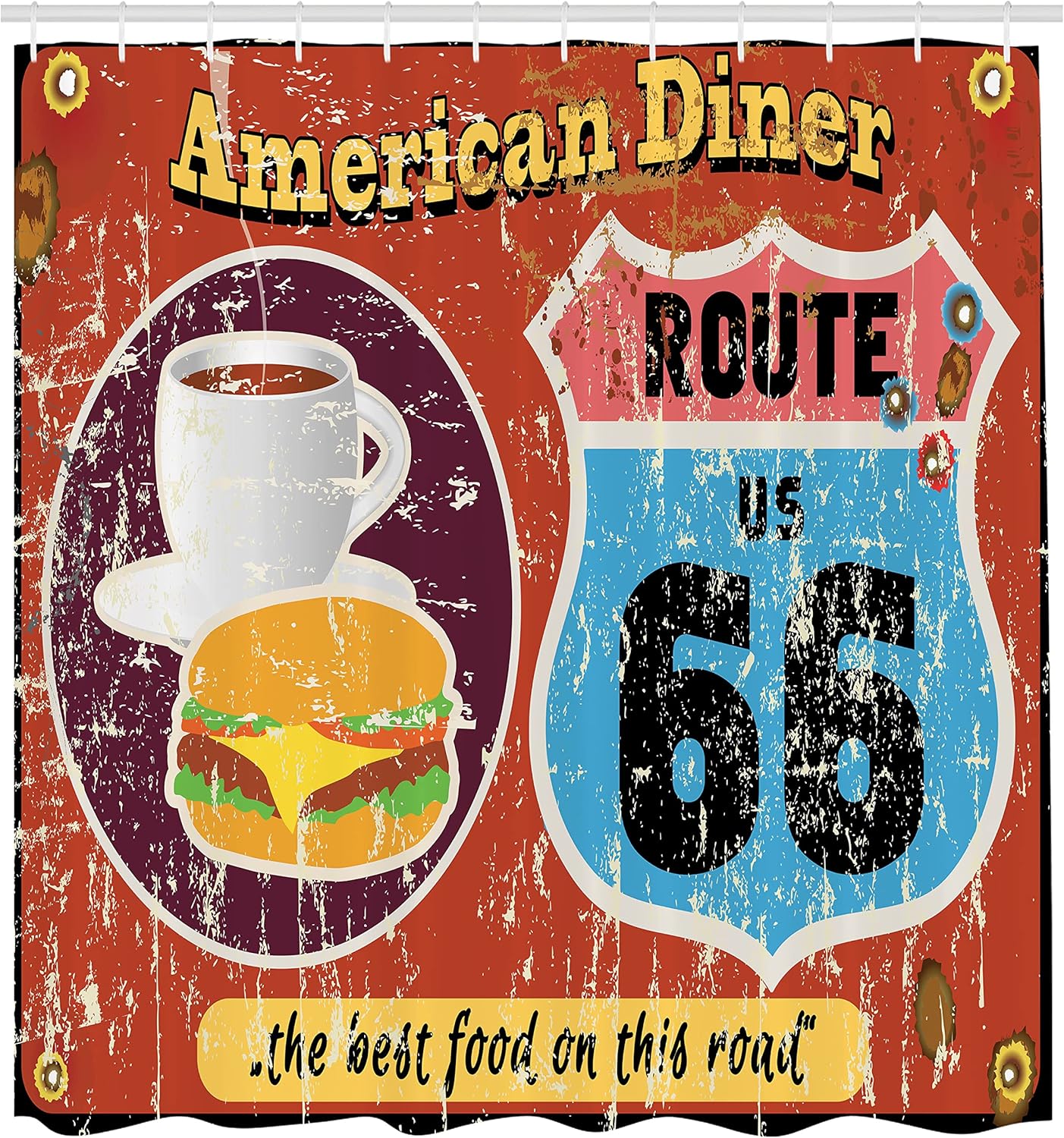 Lunarable Route 66 Shower Curtain, American Diner Old Fashioned Sign Main Street of America Journey Famous Adventure, Cloth Fabric Bathroom Decor Set with Hooks, 69" W x 70" L, Multicolor