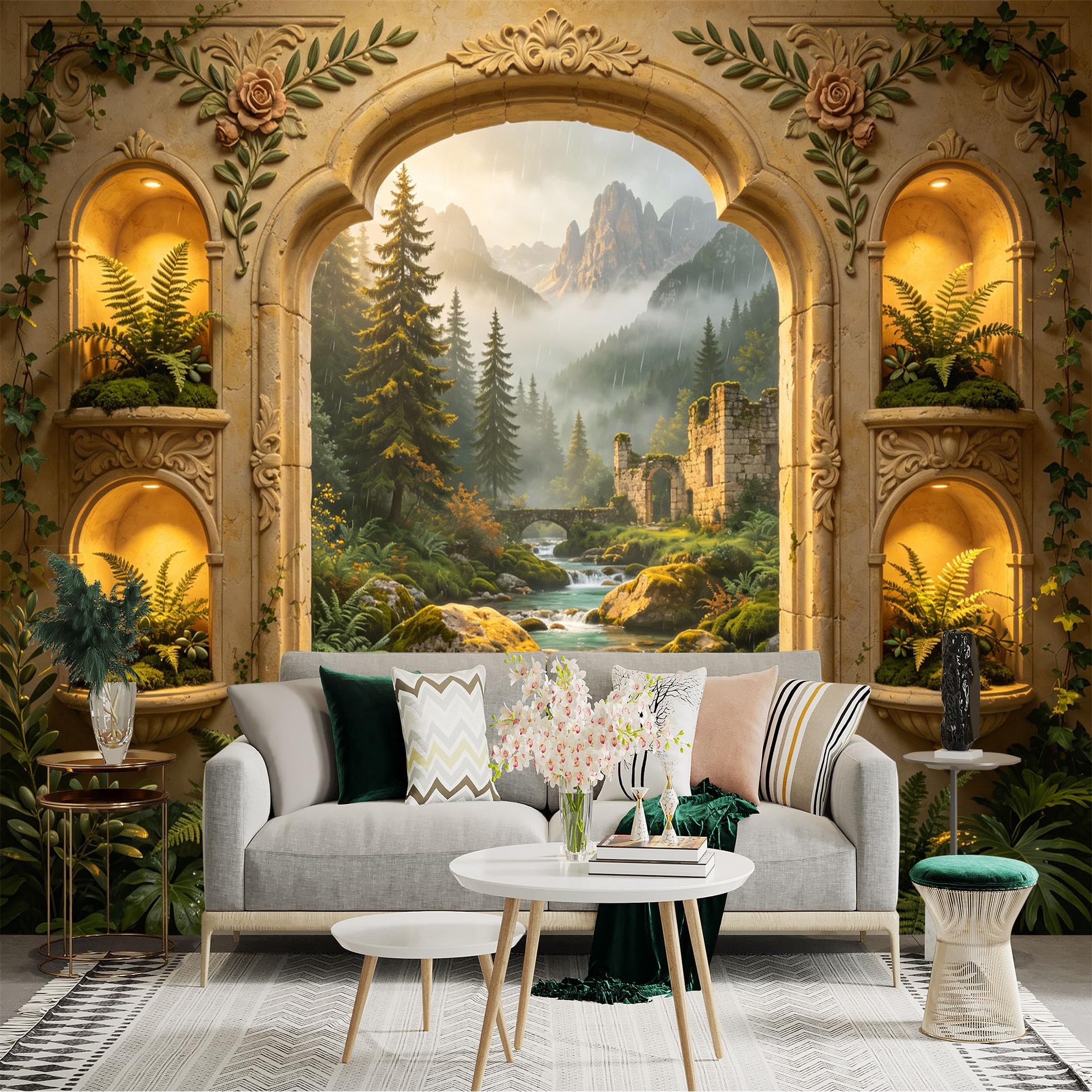 Custom Size Wall Sticker Mural， Ancient Stone Arch with Forest River and Mountain Landscape， for wall Decoration， peelandstick wall Decals.