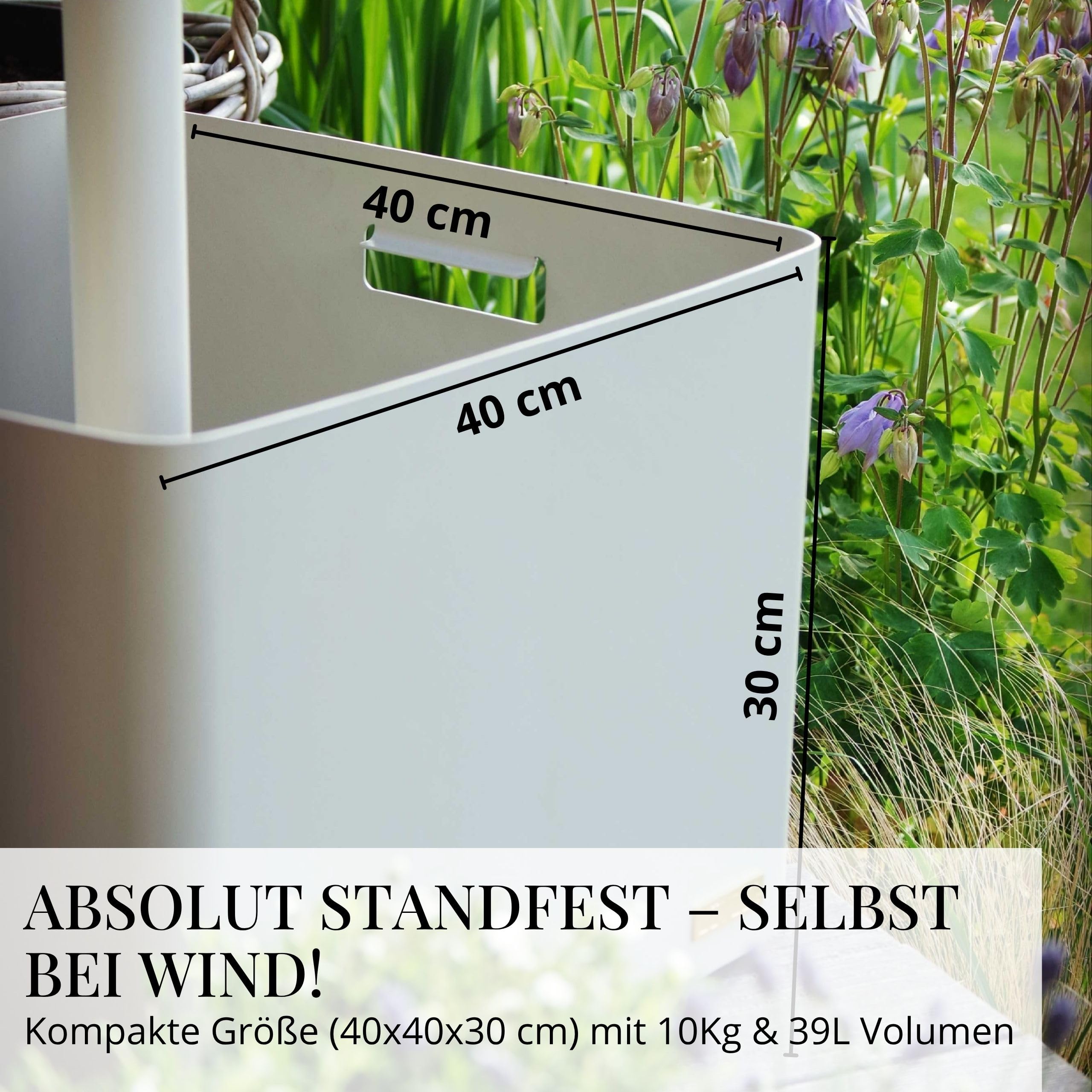 Livlig53 LIVLIG Sonnenschirmständer mit Rollen – 2in1 Schirmständer fahrbar, Pflanzgefäß & Sonnenschutz, 100% Edelstahl, befüllbar bis 39L, für Sonnenschirme bis Ø 250 cm, Greige