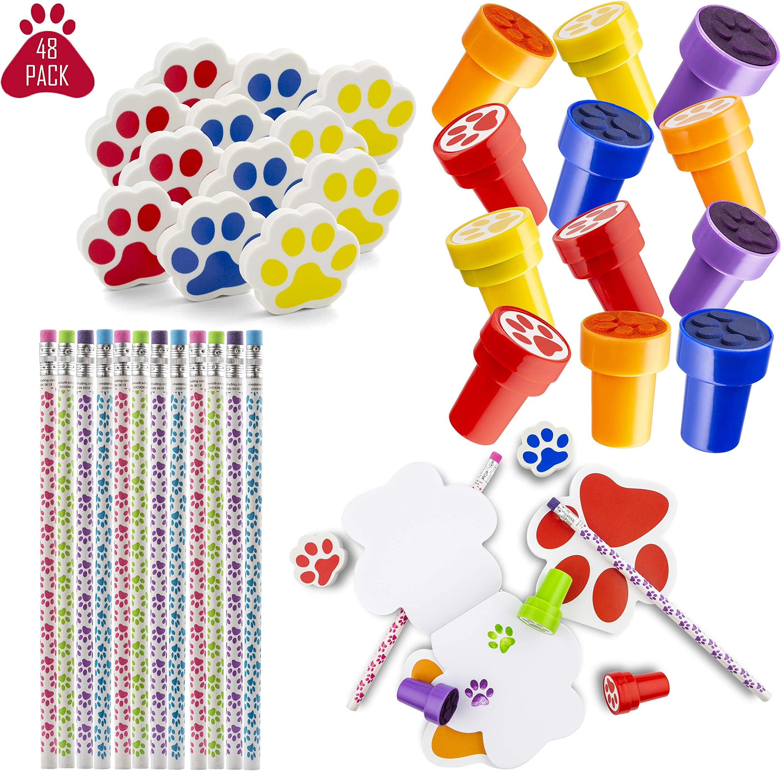 Favonir™ Paw Print Stationery Party Souvenirs Favors 48 Gift Pack 12 Erasers 12 Themed Booklets – 12 Pencils – 12 Stickers - Kids Birthday Party Supplies Set Party Favor Novelty Goody Bag Stuffer,