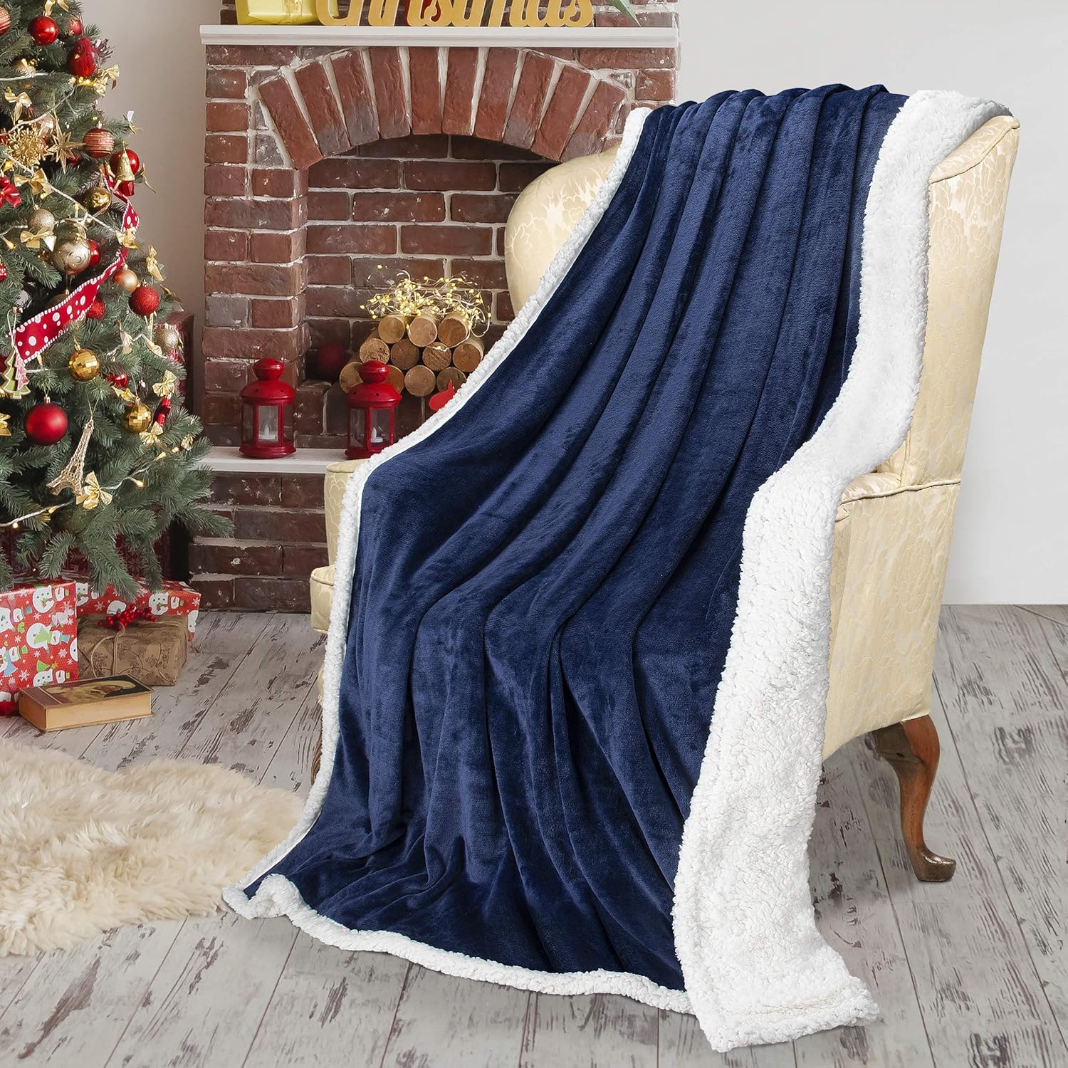 Sherpa Plush Throw Blanket Navy Throw Twin Size 60" x 80" Bedding Fleece Reversible Blanket for Bed and Couch, Super Soft Comfy Warm Fuzzy TV Blanket Navy