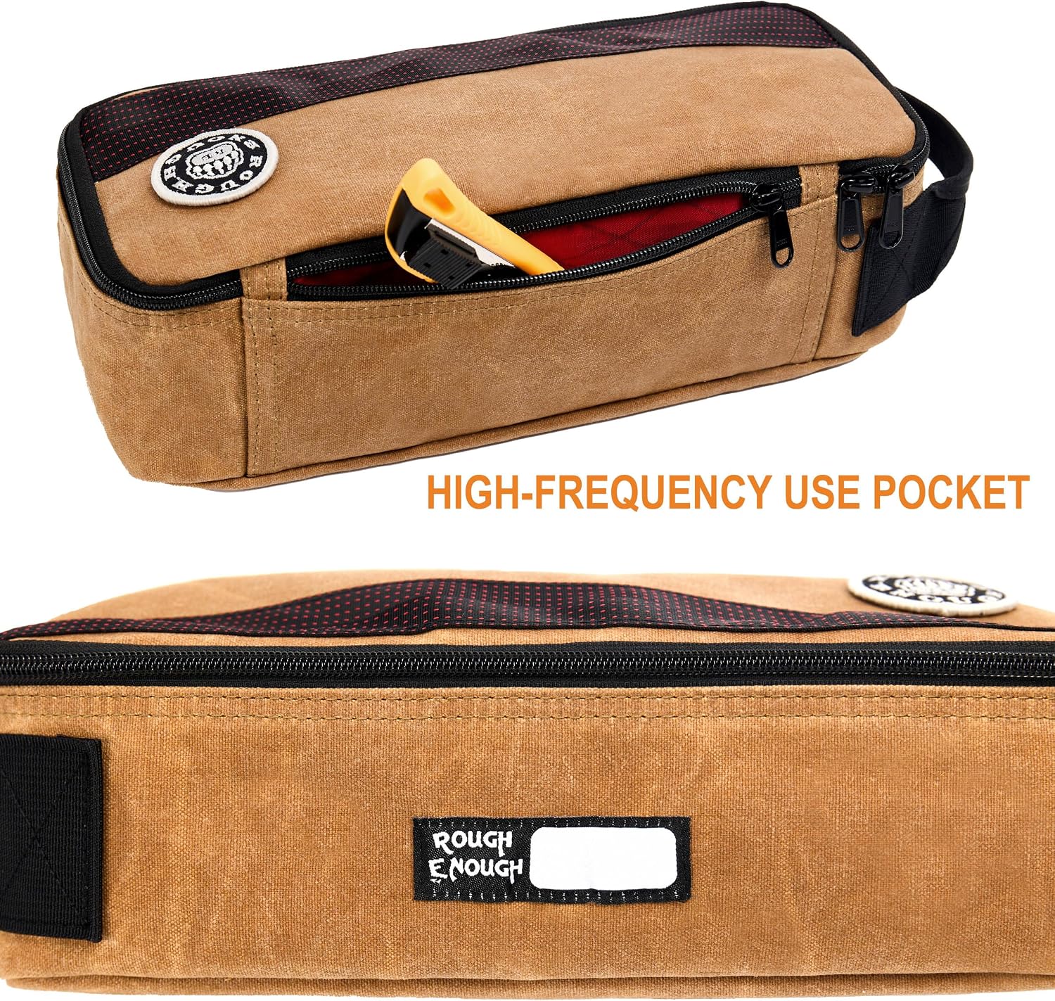 Rough Enough Small Tool Bag for Electricians, 11.5" Double-Waxed Canvas Water-Repellent Organizer, YKK Zipper, Foam Padding, Detachable Mesh Pouch, 3L Capacity, 4-in-1 Carry, Brown