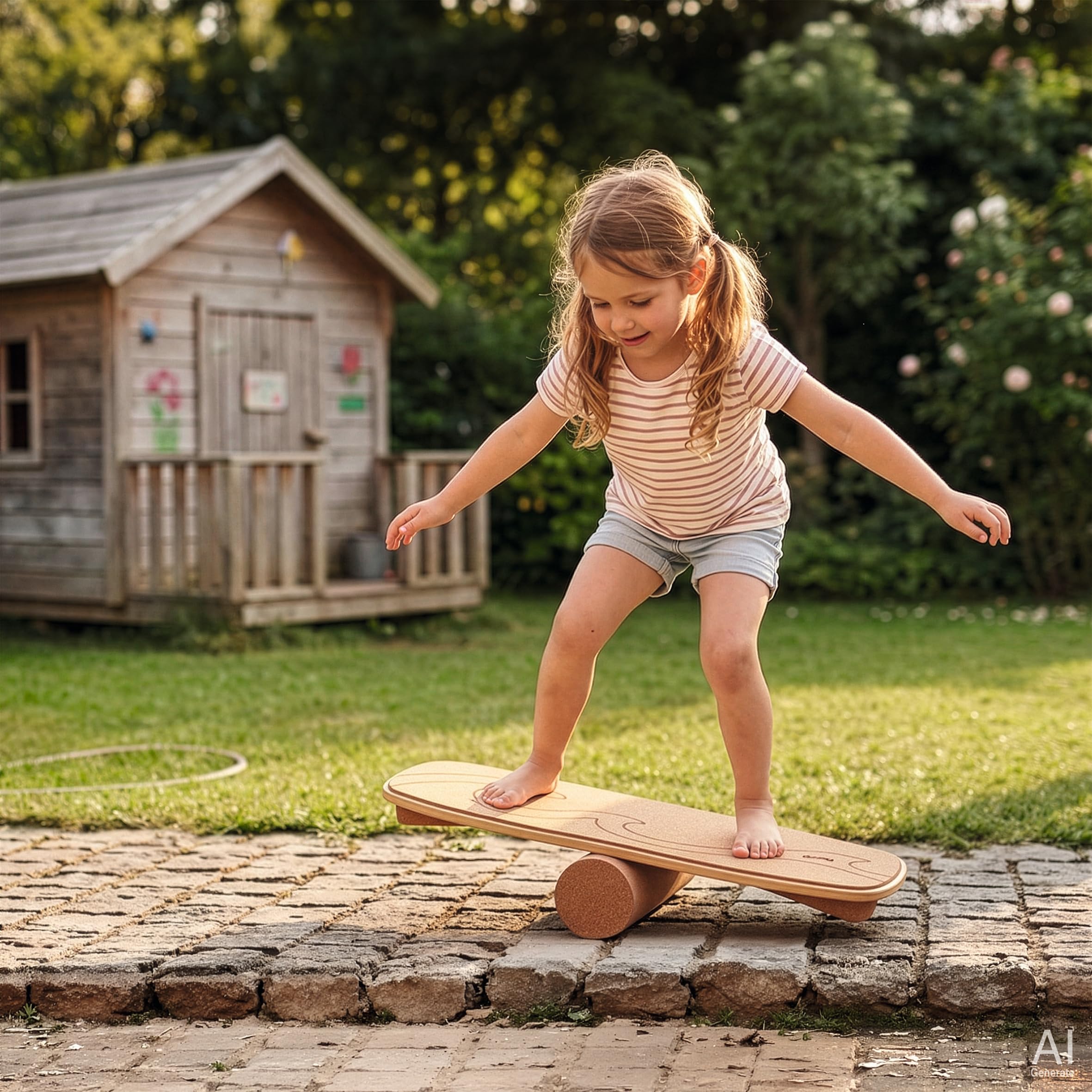 goki 59965 Balance Board „Waikiki Beach“ aus Holz & Kork, 60 × 24 × 4 cm – Motorikbrett für Gleichgewicht & Koordination, bis 120 kg belastbar