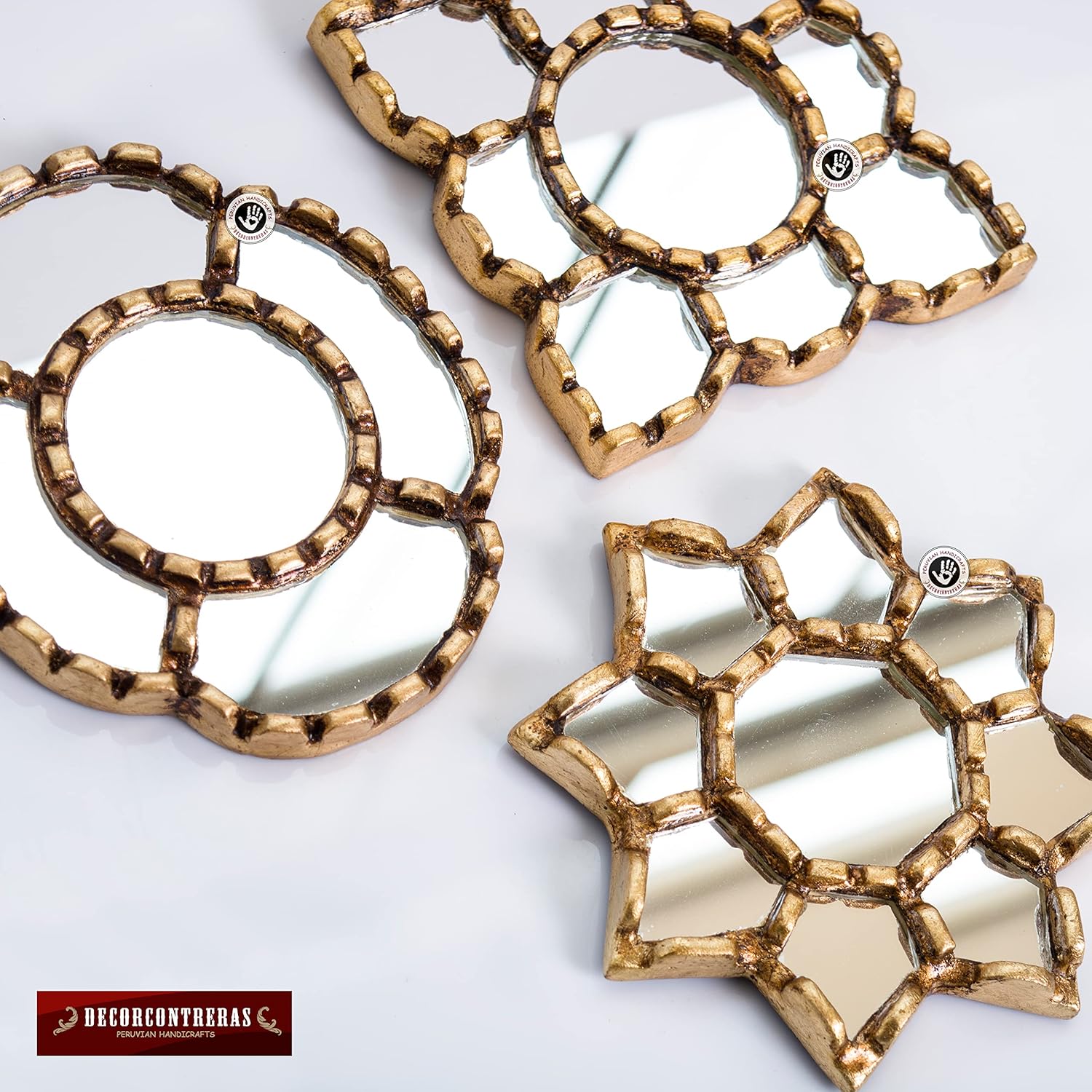 Peruvian Mirror Set of 3 - Small Wall Mirrors 6" with Bronze Leaf Finish - Decorative Gold Accent Wall Art - Unique Mothers Day & Valentines Gift