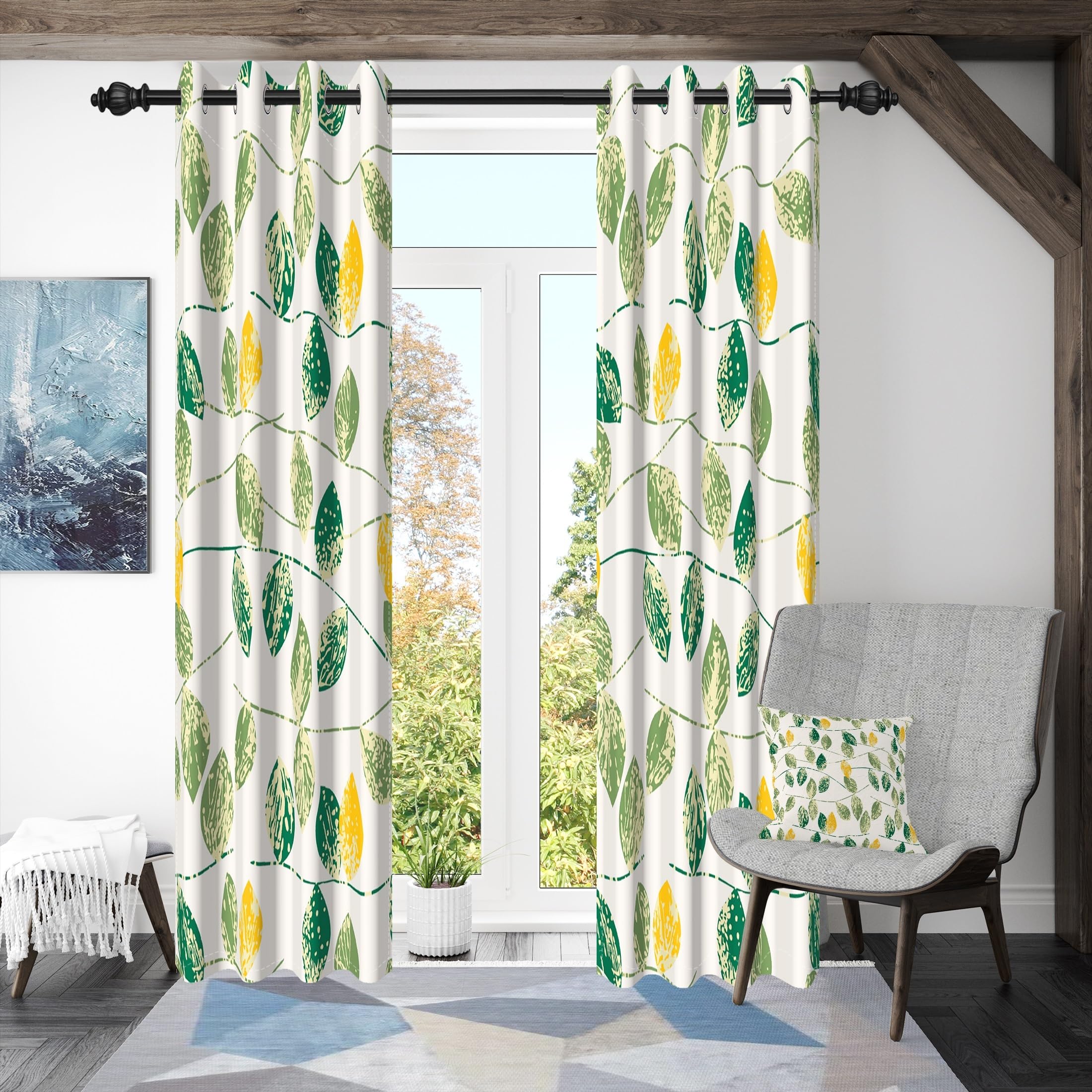 ggaimwf 132x214cm Leaf Blackout Curtain Green Yellow Leaves Seamless Retro Painting Eyelet Drapes Thermal Insulated Grommet Window Treatments for Living Room Bedroom Dining Room,Single Panel - Image 2