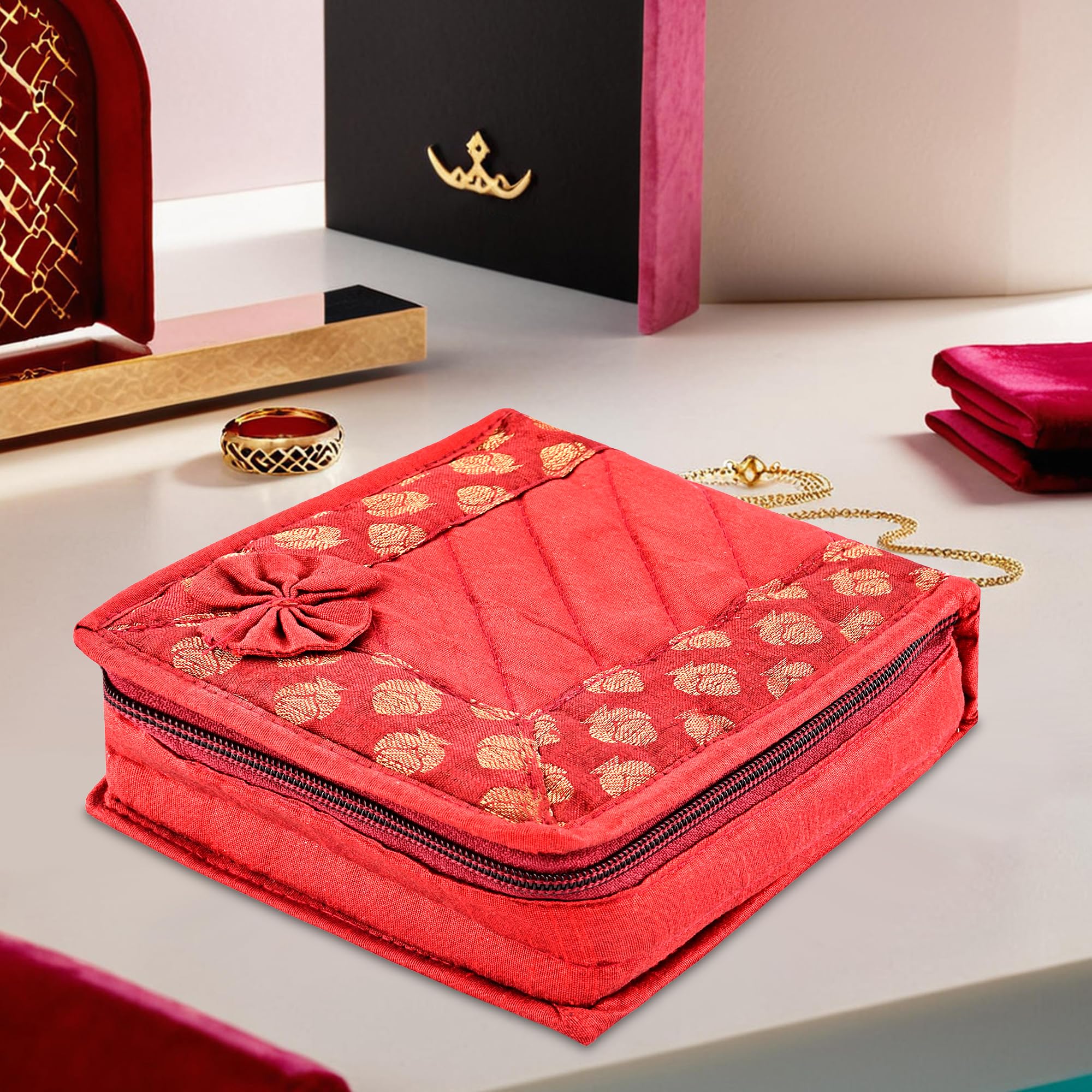 Kuber Industries Cotton Small Makeup Pouch Bag with 4 Compartment | Jewellery Organisers Pouch for Storage Earrings, Rings and Bracelets | Bow Design - Maroon