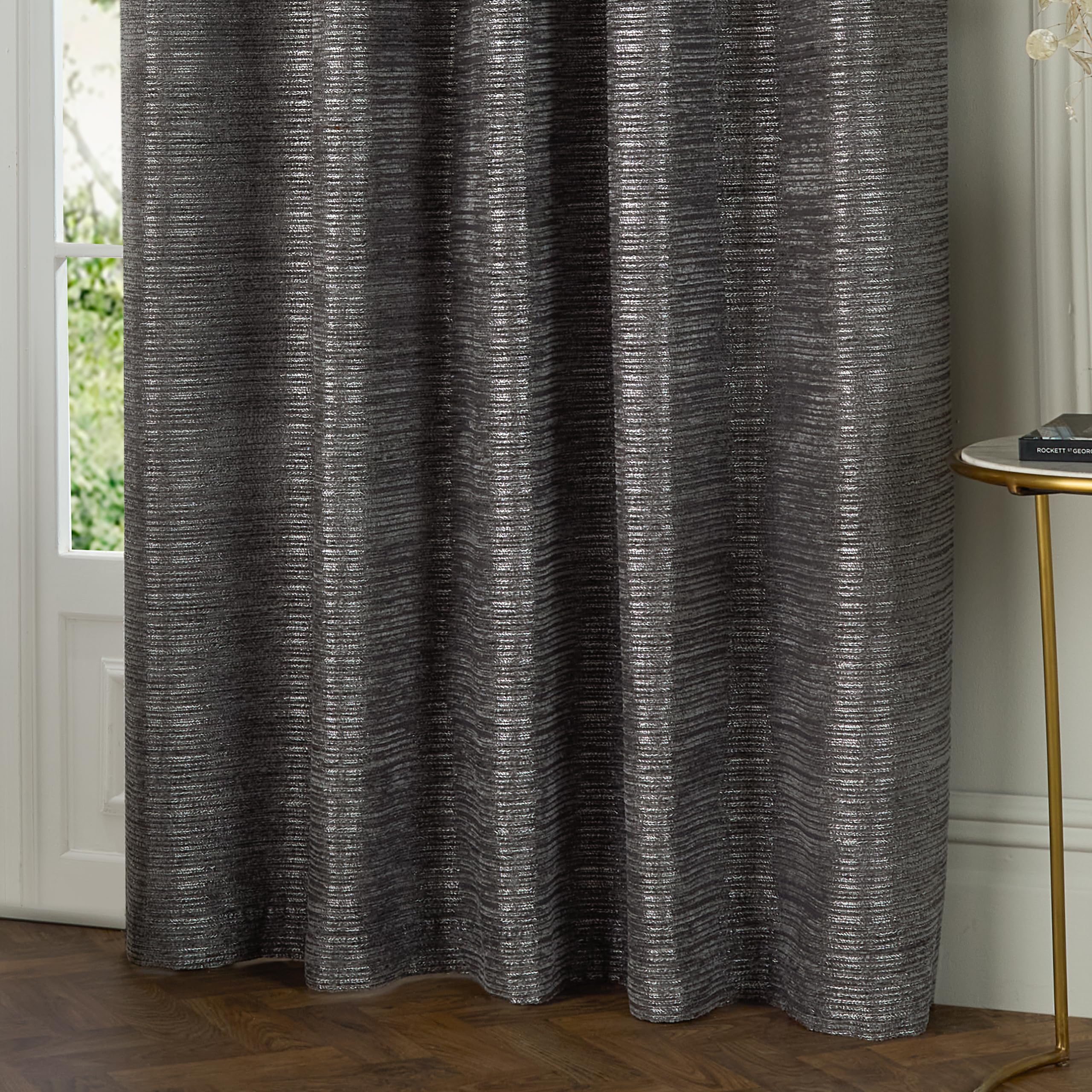 Paoletti Jupiter Room Darkening Eyelet Curtain Pair - Elegant Jacquard Chenille Lined Ring Top Drapes (Graphite - 117x183cm) - Image 4