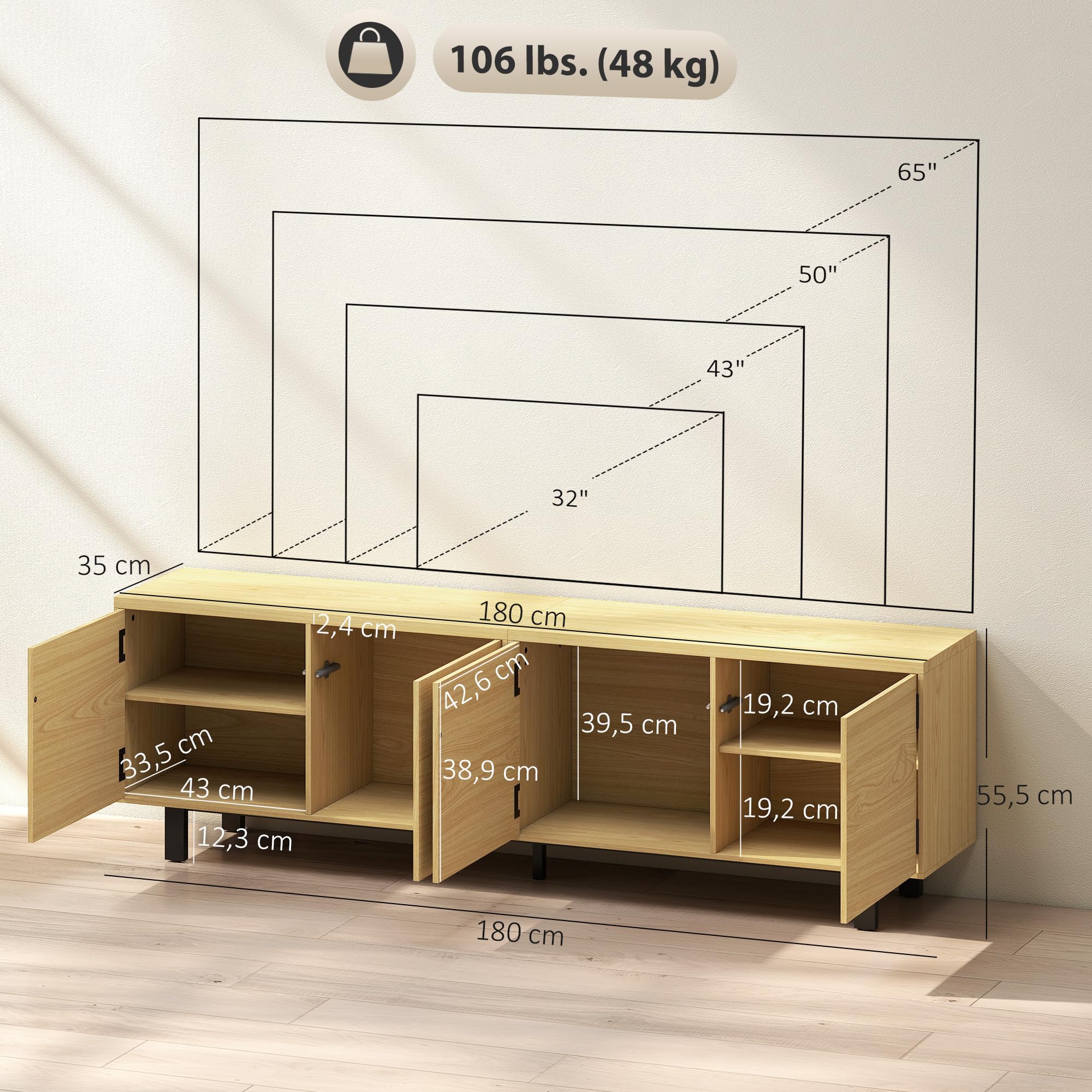 HOMCOM Meuble TV 180 cm Téléviseur jusqu'à 82 Pouces Effet Bois Naturel