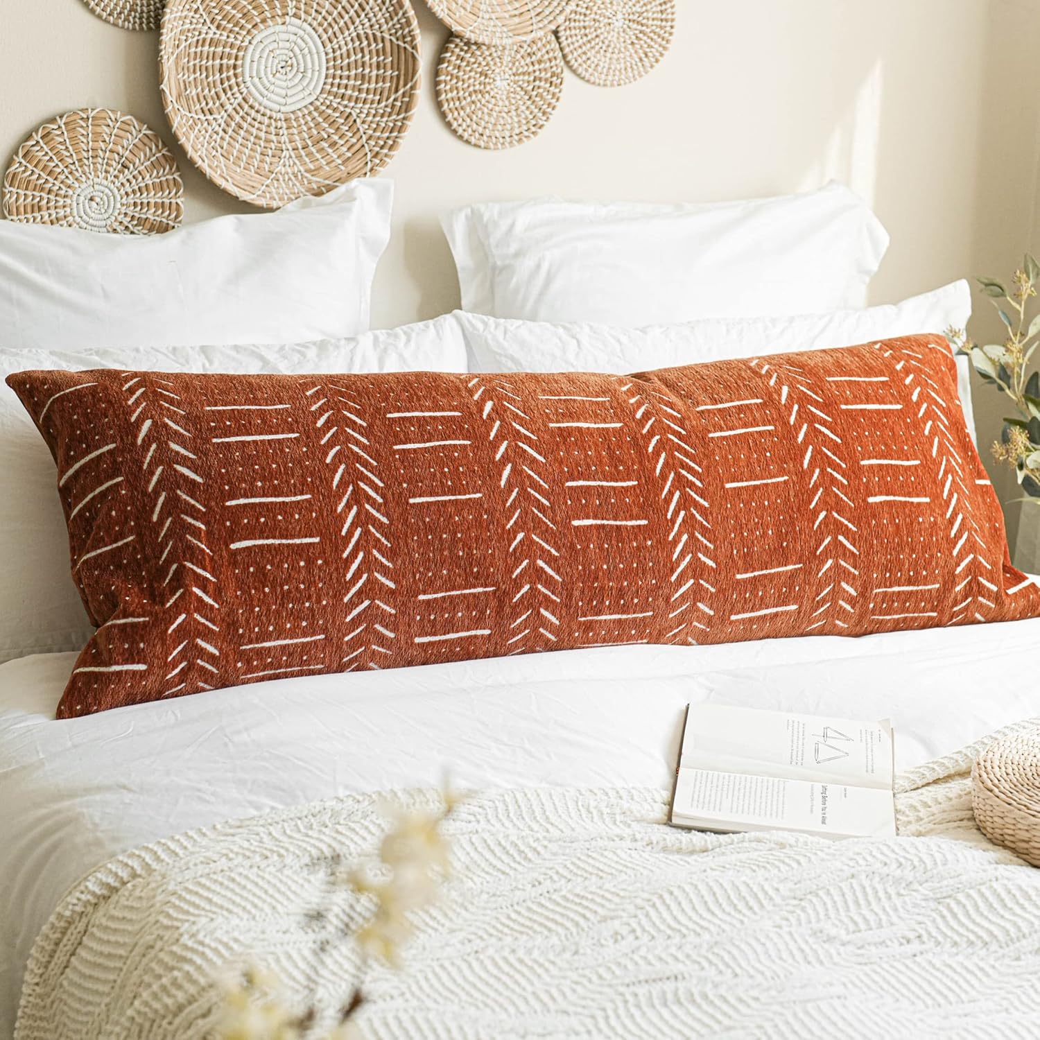 Fall Brick Red Soft Chenille Boho Body Pillow Cover 20x54, Decorative Oversized Long Lumbar Pillow, Boho Textured Oversize Body Pillow, Cover ONLY