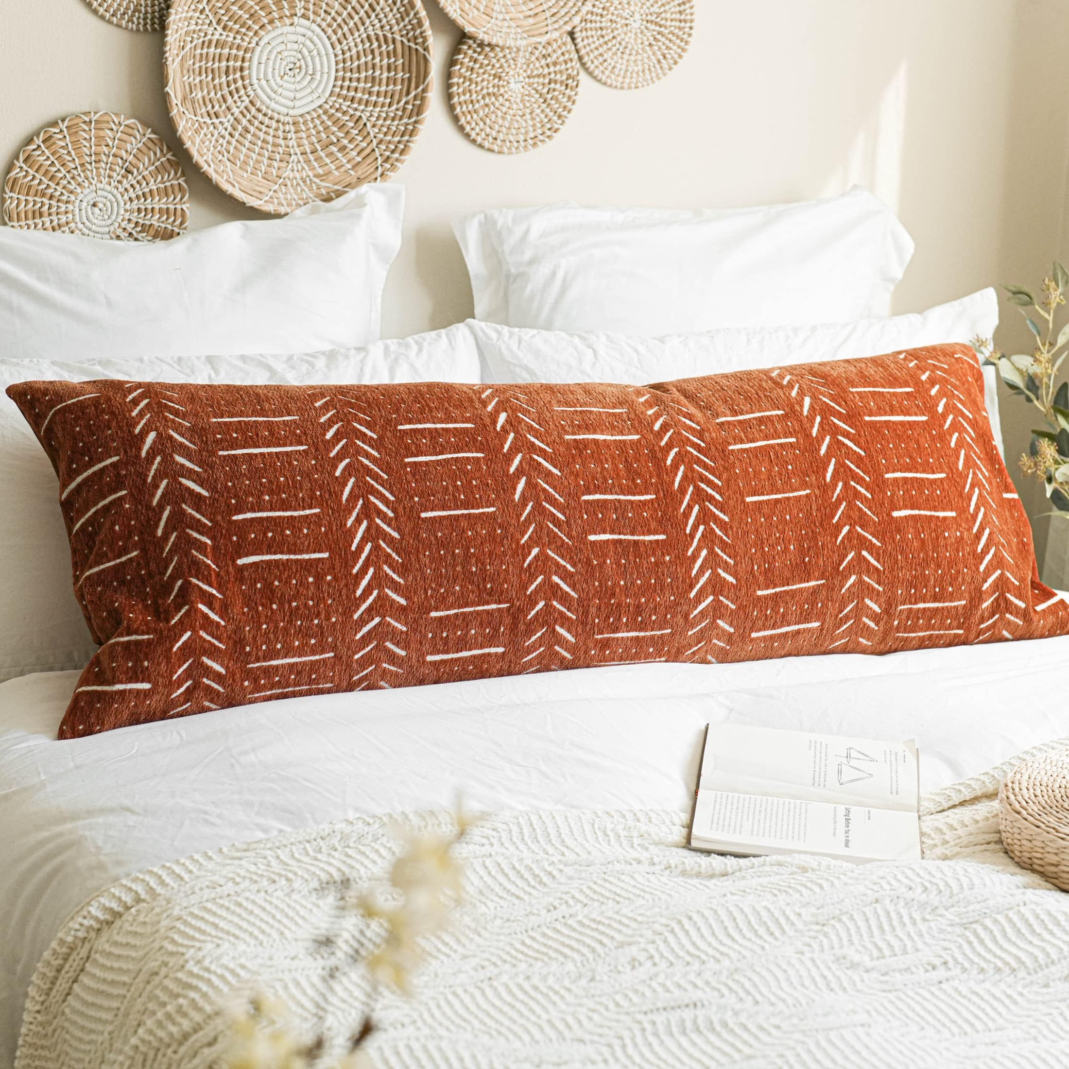 BlissBlush Decorative Boho Body Pillow Cover 20x54, Brick Red Soft Oversized Long Lumbar Pillow, Boho Textured Oversize Body Pillow, Cover ONLY