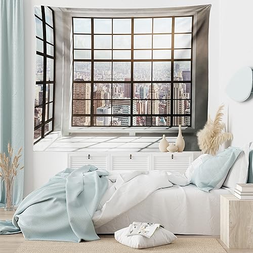 Miniatura 6 de Ambesonne Tapiz moderno, vista urbana a la ciudad de apartamentos desde ventanas de forma cuadrada, para colgar en la pared ancha para dormitorio,