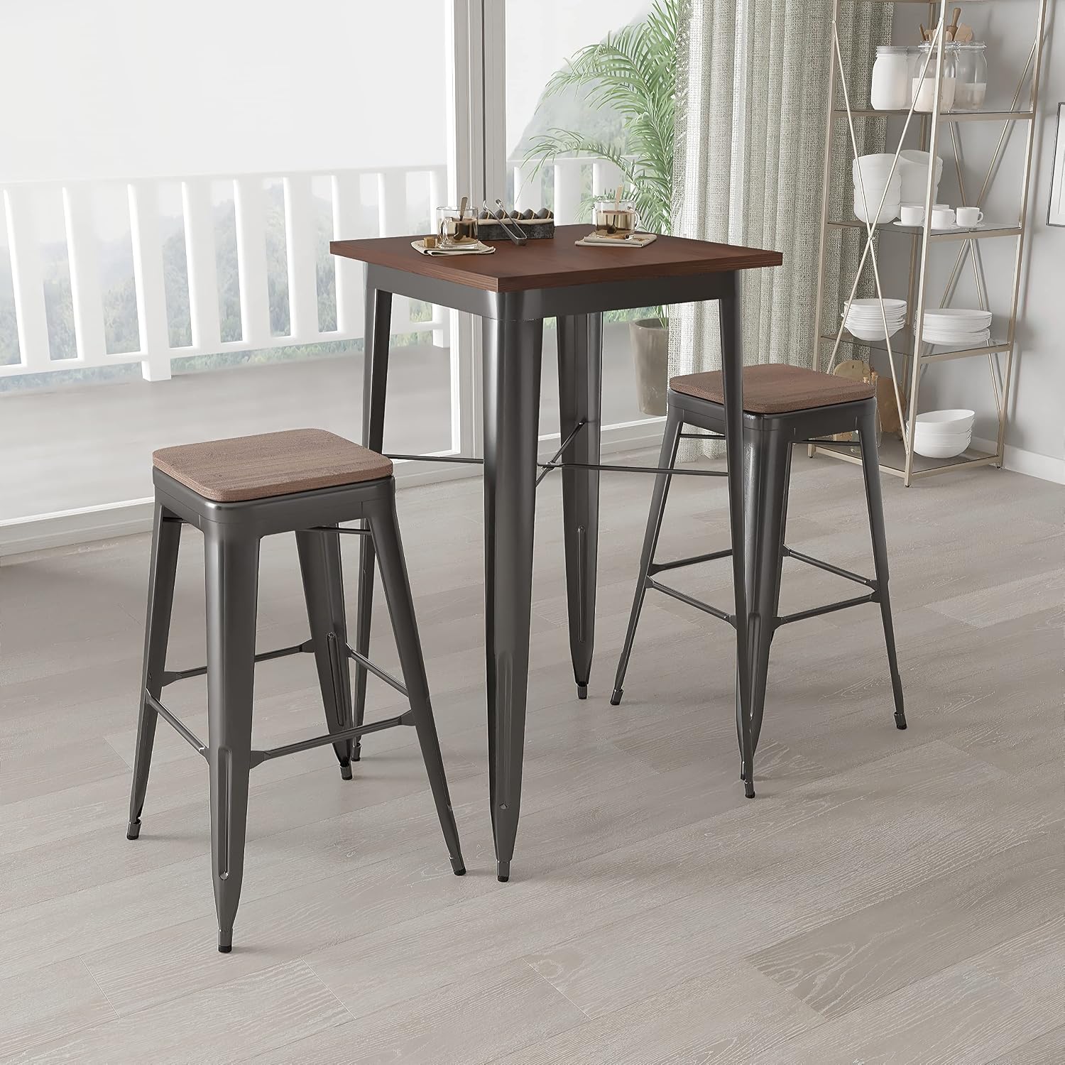 Merrick Lane 3 Piece Bar Height Furniture Set - Black Metal Table - 23.5" Square Wooden Top - 2 Matching Bar Stools with Footrests