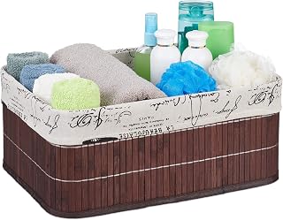 Relaxdays Storage Basket, Fabric Cover with Retro Print, Bamboo, Rectangular, Bathroom Shelf Basket, HBT 16.5 x 38 x 28.5 cm, Brown