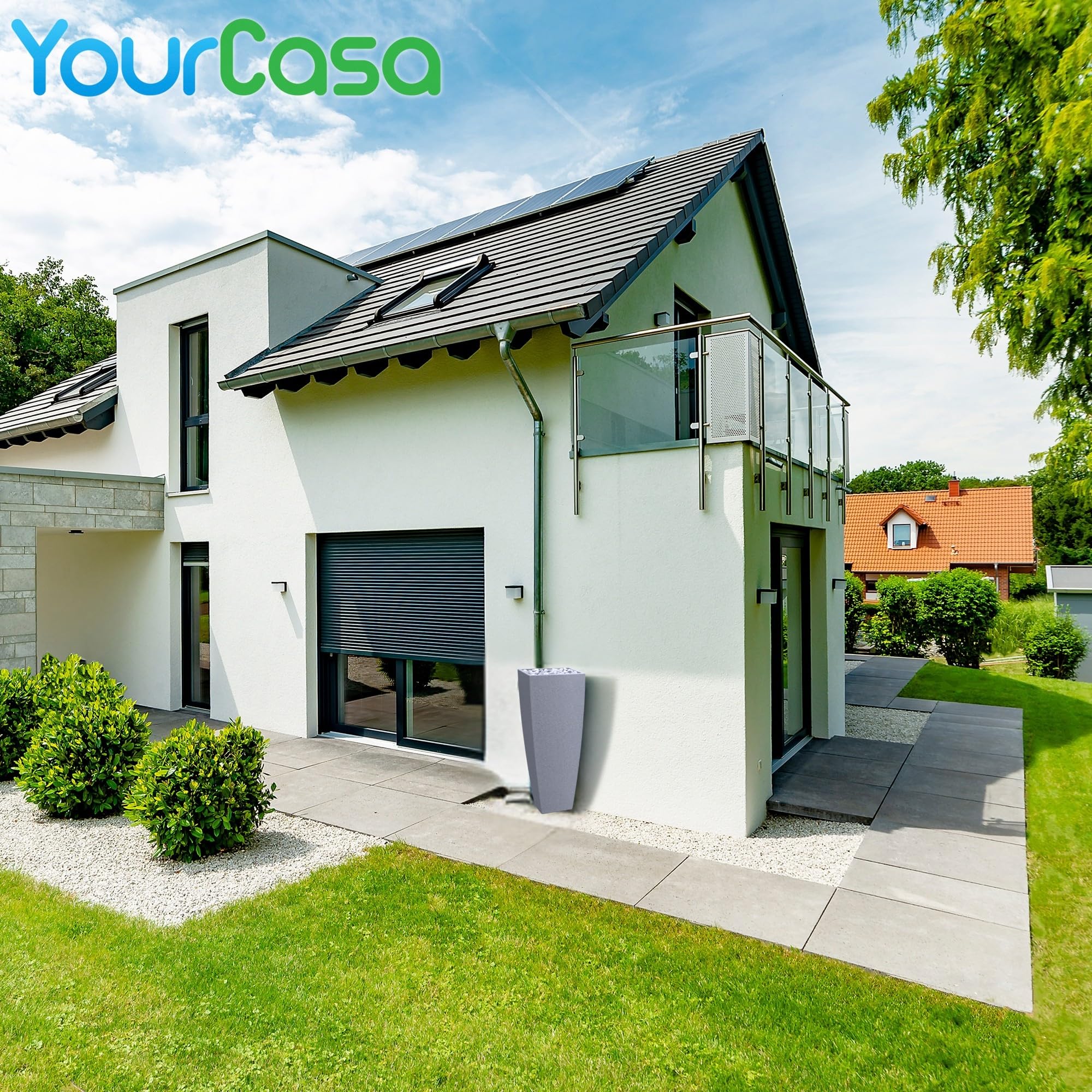 YourCasa Beczka na deszczówkę 100L [PureFlow], beczka na wodę z metalowym gwintem i koszykiem filtracyjnym - beczka na deszczówkę odporna na mróz z tworzywa sztucznego - zbiornik na wodę deszczową