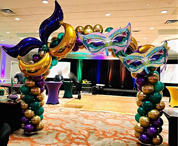 Mardi Gras Balloon Garland Kit,111 PCS metal Purple Green Gold Balloons with Rain Curtains Background large Mardi Mask Balloons Mask Sign Foil Balloons for Mardi Gras Masquerade New Orleans Party