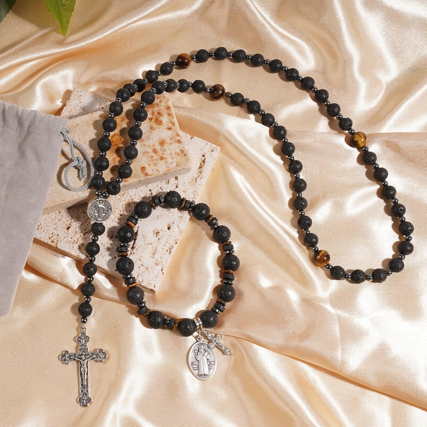 Rosary Beads Catholic, 8mm Tiger Eye Rosary Necklace with 10mm Tiger Eye St Benedict Cross Bracelet, Rosarios Catolicos Triple Protection Necklace Bracelet Jewelry Sets Catholic Gifts - Image 4