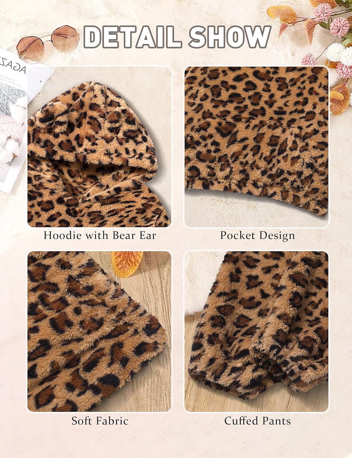 Shallmu Girls Fuzzy Bear Ear Plaid Hoodie Pullover Sweatshirt with Pocket Sweatpants Fall Winter 2 Piece Outfits