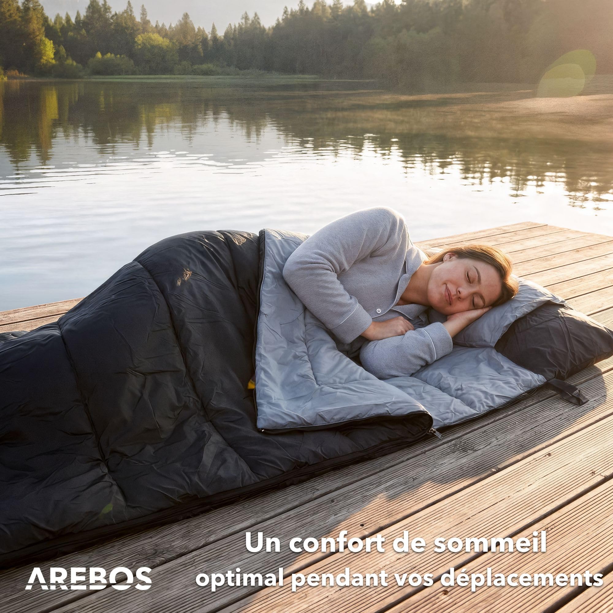 Arebos Sac de Couchage avec Oreiller & Couverture Polaire | 220 x 83 cm | Sac de Couchage Adulte Camping | 0-25°C | Déperlant | Sac de Compression