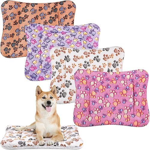 Paquete de 4 tapetes de cama ultra suaves para perros y gatos, con bonitos estampados, reversible, de forro polar, para perrera, acogedora, lavable,
