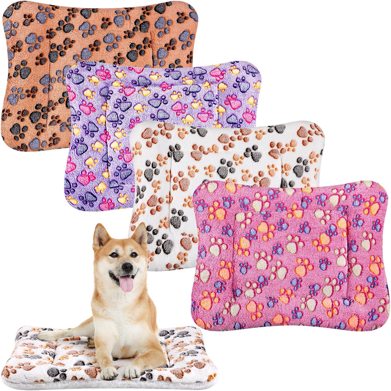 Tuanse 4 Pack Ultra Soft Dog Cat Bed Mat with Cute Prints Reversible Fleece Dog Crate Kennel Pad Cozy Washable Thickened Hamster Guinea Pig Pet Bed