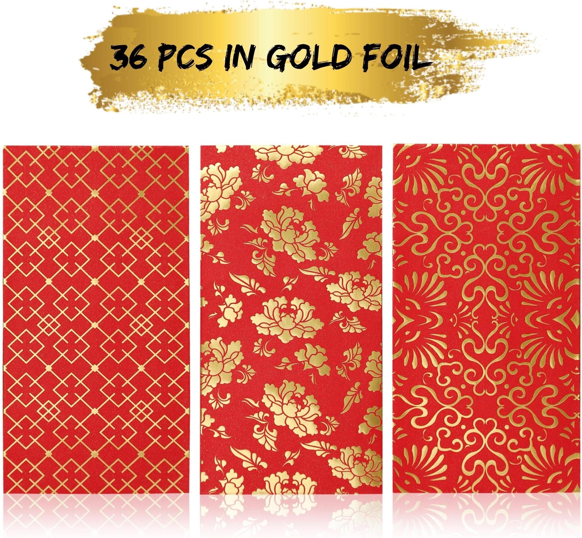 Heavy Duty Chinese New Year Red Envelopes, Red Pocket Envelopes Chinese Hong Bao Gift Lucky Money Envelopes, 3 Designs 36-Pack, 3.5 x 6.7 Inches (Gold)