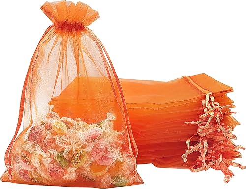 100 bolsas de organza de malla transparente de alta calidad de 5 x 7 pulgadas con cordón color naranja, bolsas de regalo para joyería, bolsas de