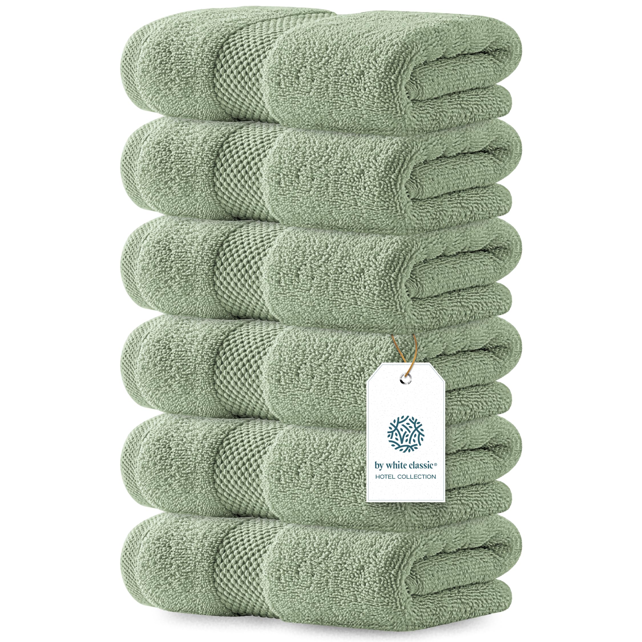 White Classic Luxury Hand Towels for Bathroom-Hotel-Spa-Kitchen-Set - Circlet Egyptian Cotton - 16x30 Inches - Set of 6 (Lt-Green)