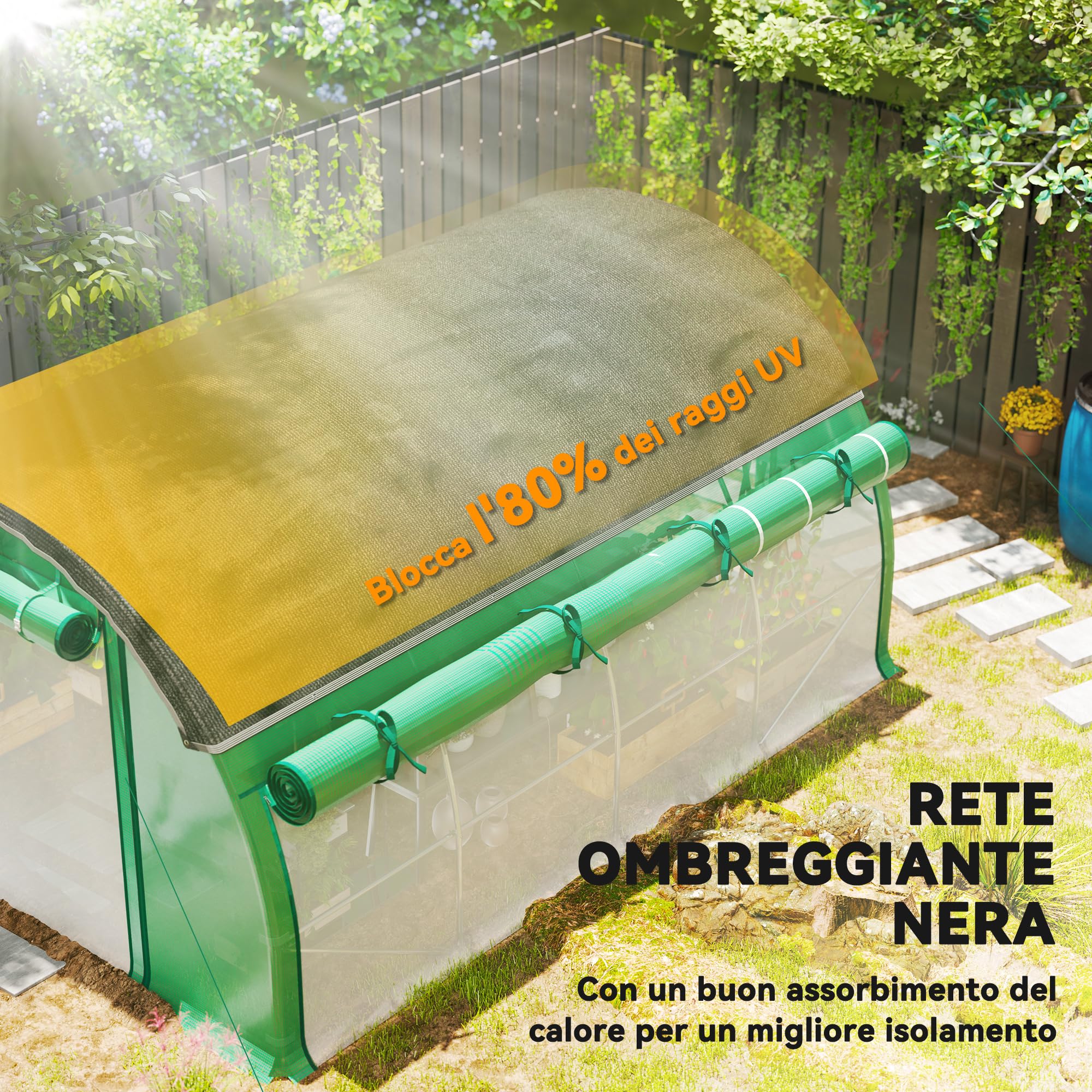 Outsunny Serra da Giardino a Tunnel 4x3x2 m con Rete Ombreggiante, Serra per Orto 8 Finestre, 2 Porte e Pareti Laterali Avvolgibili, Struttura in Acciaio e Copertura PE, per Verdure Fiori, Verde