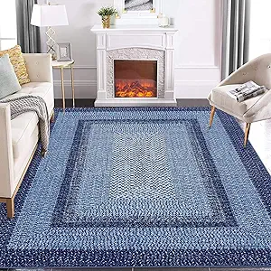 GAOMON Washable Rug 10x13 Large Area Rugs for Living Room Braided Printed Rugs Bedroom Aesthetic Minimalist Rug Non Slip Accent Rug Low Pile Non-Shedding Throw Carpet Foldable Thin Rug Navy