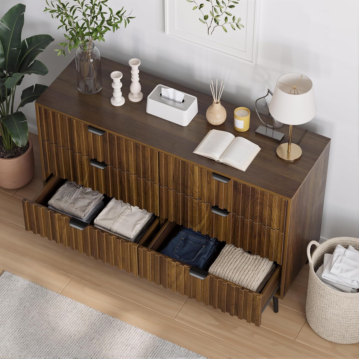 Fluted 6 Drawers Dressers, 47.24" W Chest of Drawers, Mid- Century Modern Wooden Dresser TV Stand Drawer Storage Organizer for Bedroom, Living Room, Hallway, Entryway, Walnut