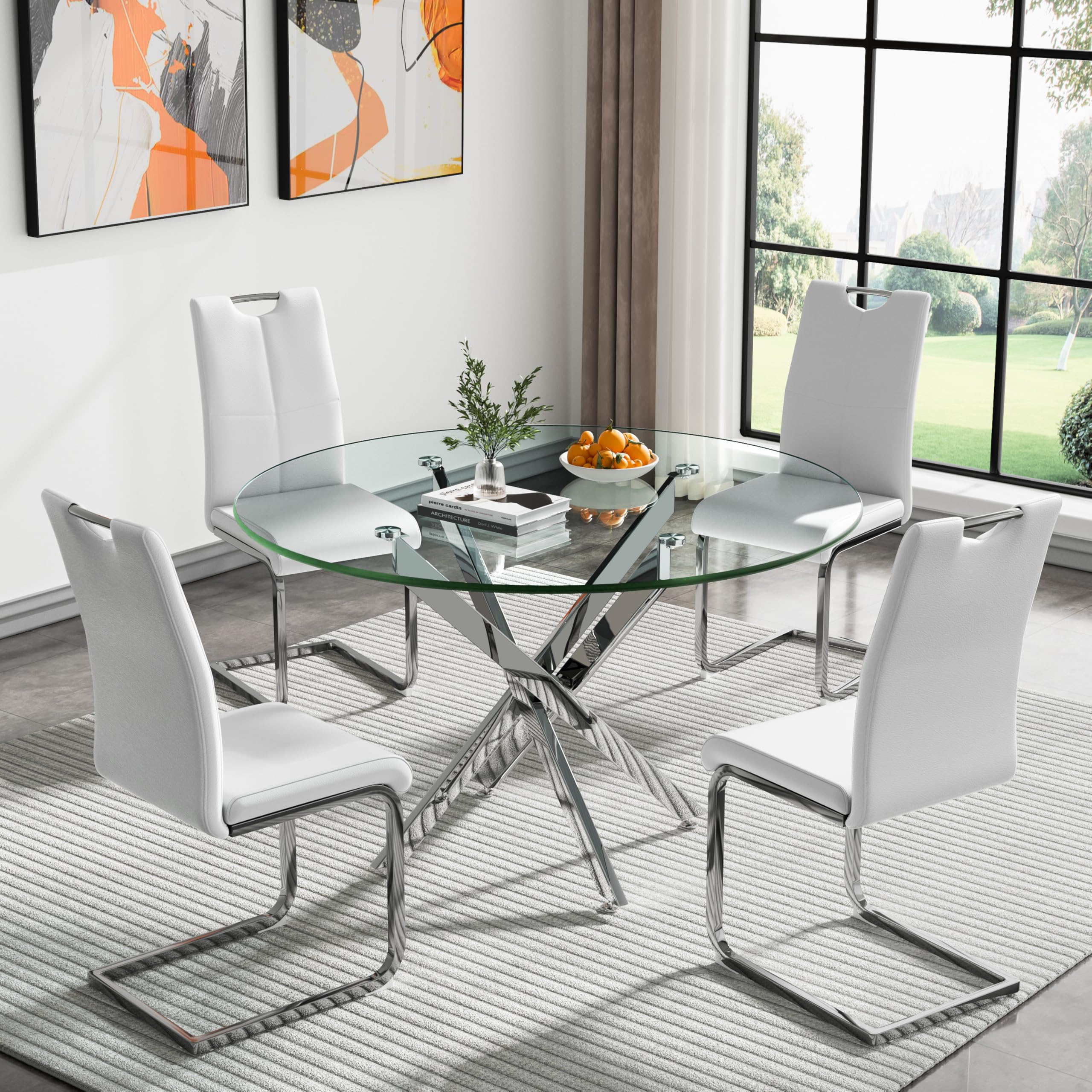 5 Piece Round Dining Table Set for 4, Modern Glass Kitchen Dining Room Table Set for 4, 47" Circle Silver Glass Metal Dining Table with 4 White PU