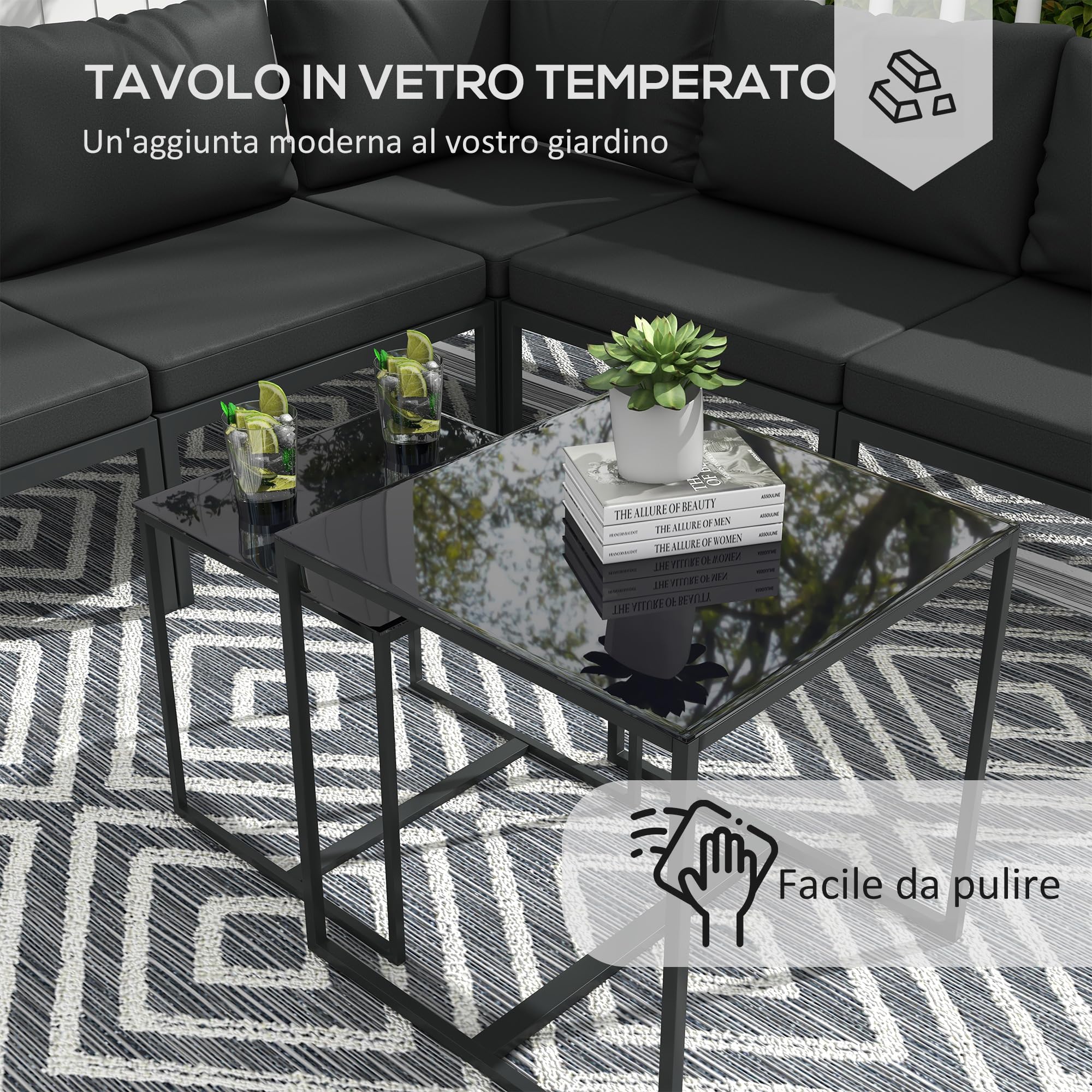 Outsunny Set Salotto da Giardino da 7 Pezzi 5 Poltrona da Esterno Grigio | 2 Tavolini da Caffè con Piano in Vetro, Cuscini, Set di Mobili in Acciaio e Poliestere