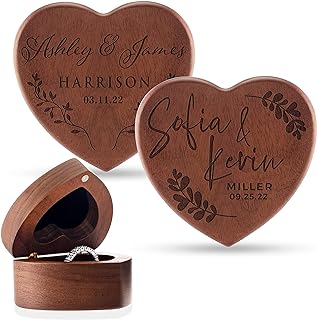 Personalized Wooden Ring Box, Custom Ring Bearer Box, Wooden Heart Ring Box for Wedding Ceremony, 8 Designs with Names and Family Name, Engagement Ring Holder for Proposal, Wedding Keepsake