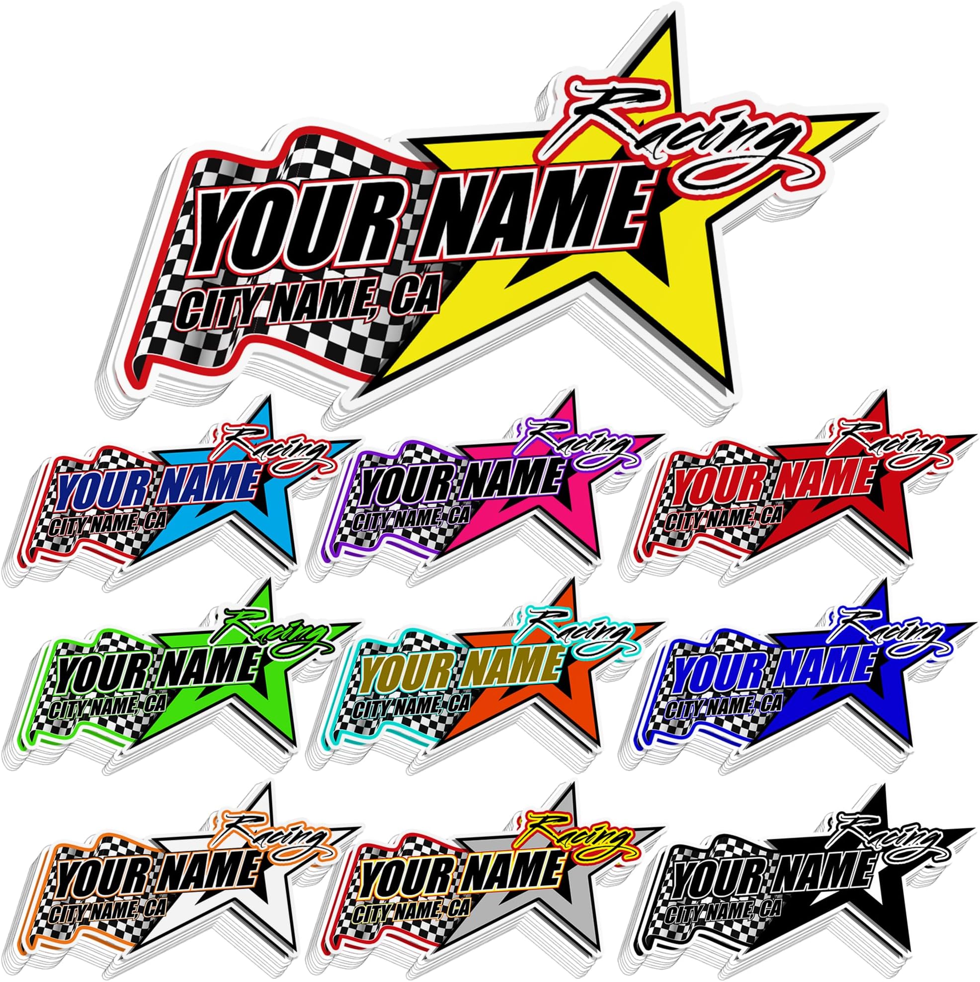 Custom Racing Name Sticker – Personalized Vinyl Decal with Star and Checkered Flag – Waterproof and UV Resistant Transparent - for Helmet, Go Kart, Trailer, Toolbox, Laptop – Gift for Kid Girl Boy